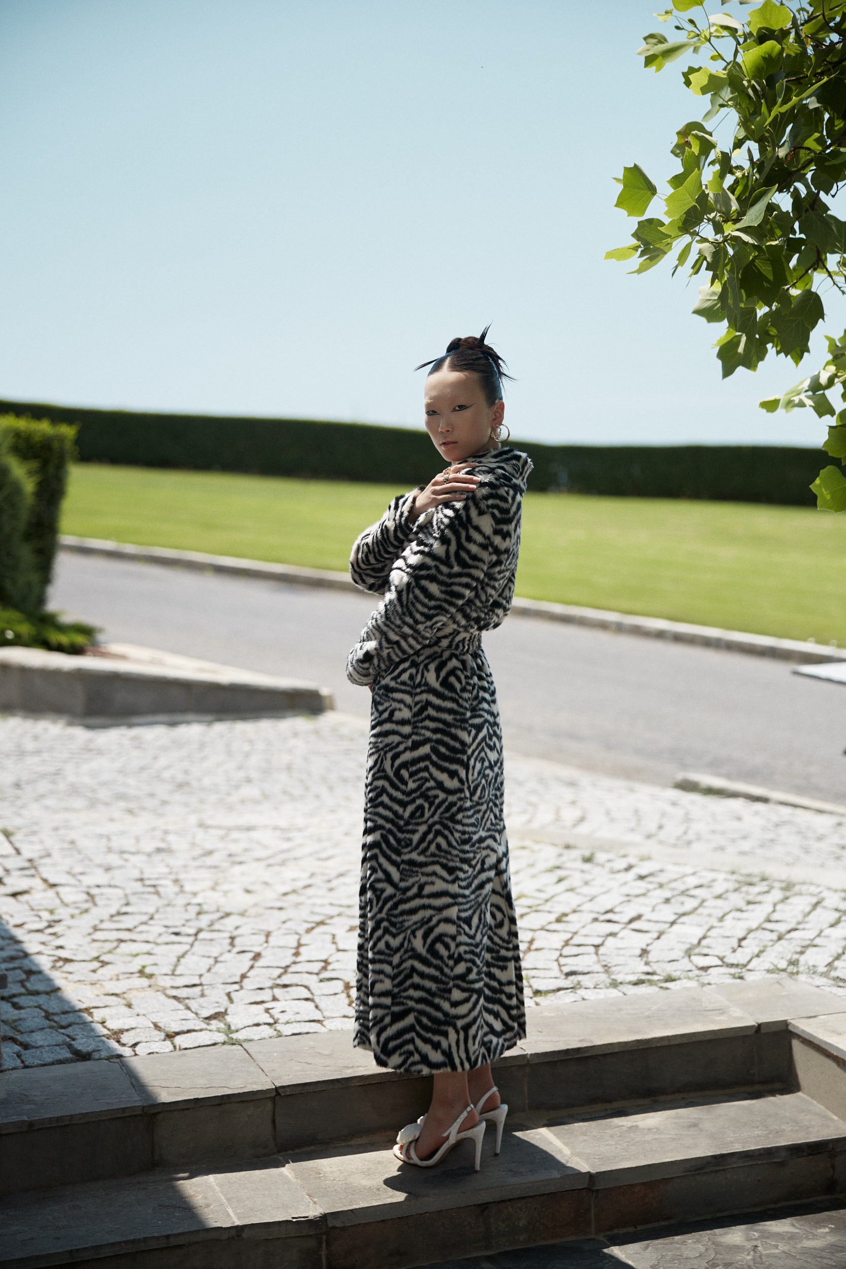 Long faux fur coat in zebra print