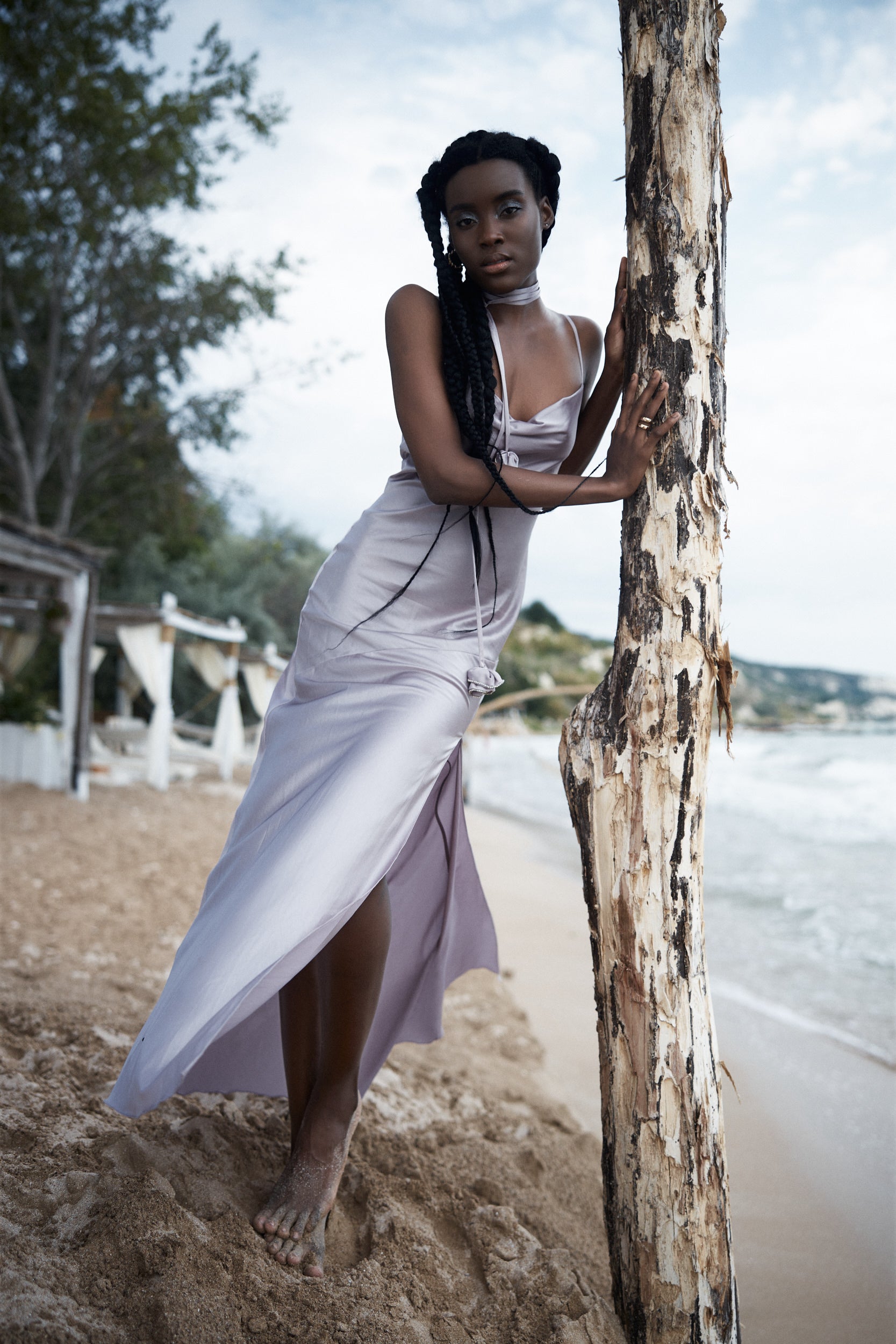 Floor-length satin dress in purple