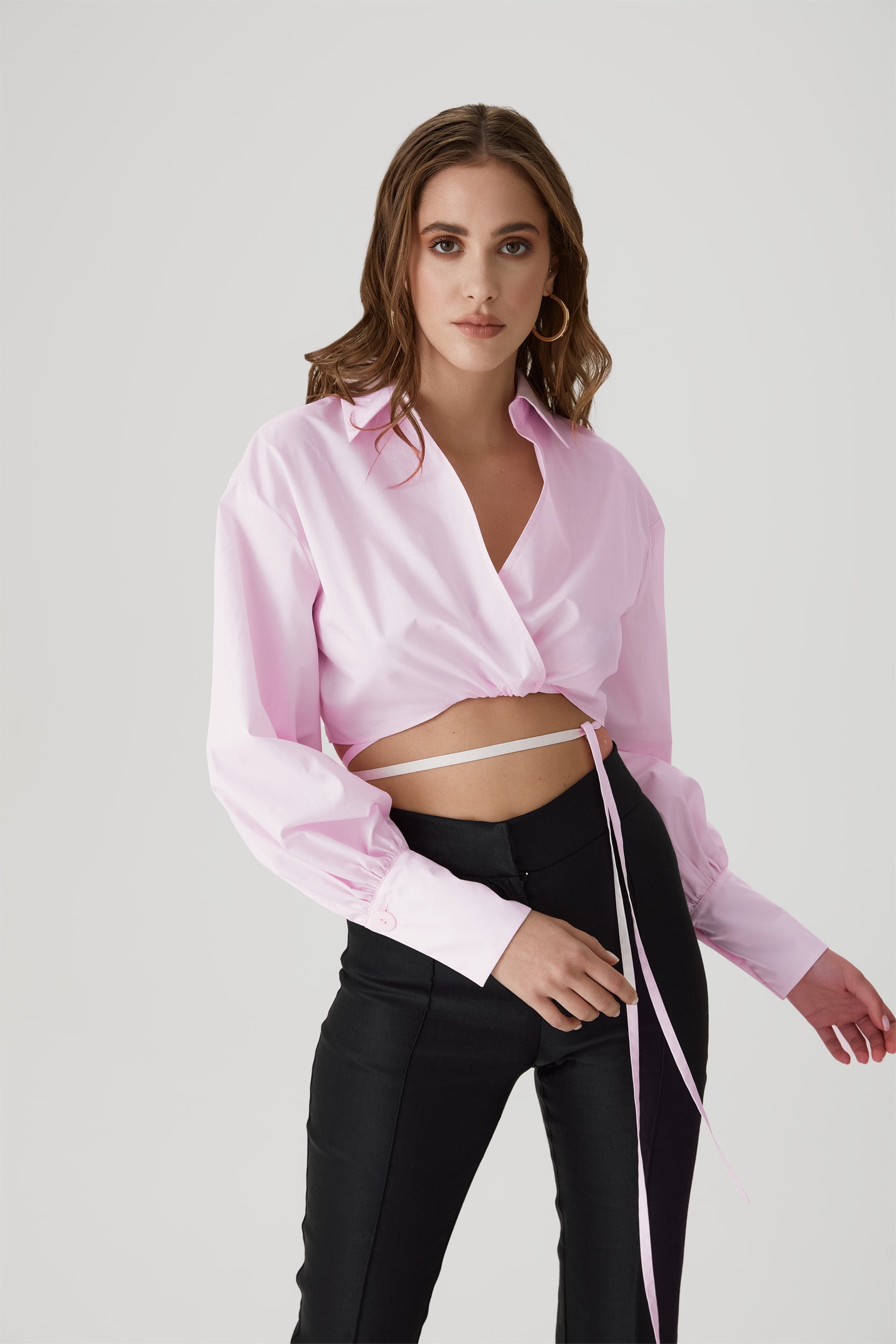 Poplin cropped wrap shirt in pink