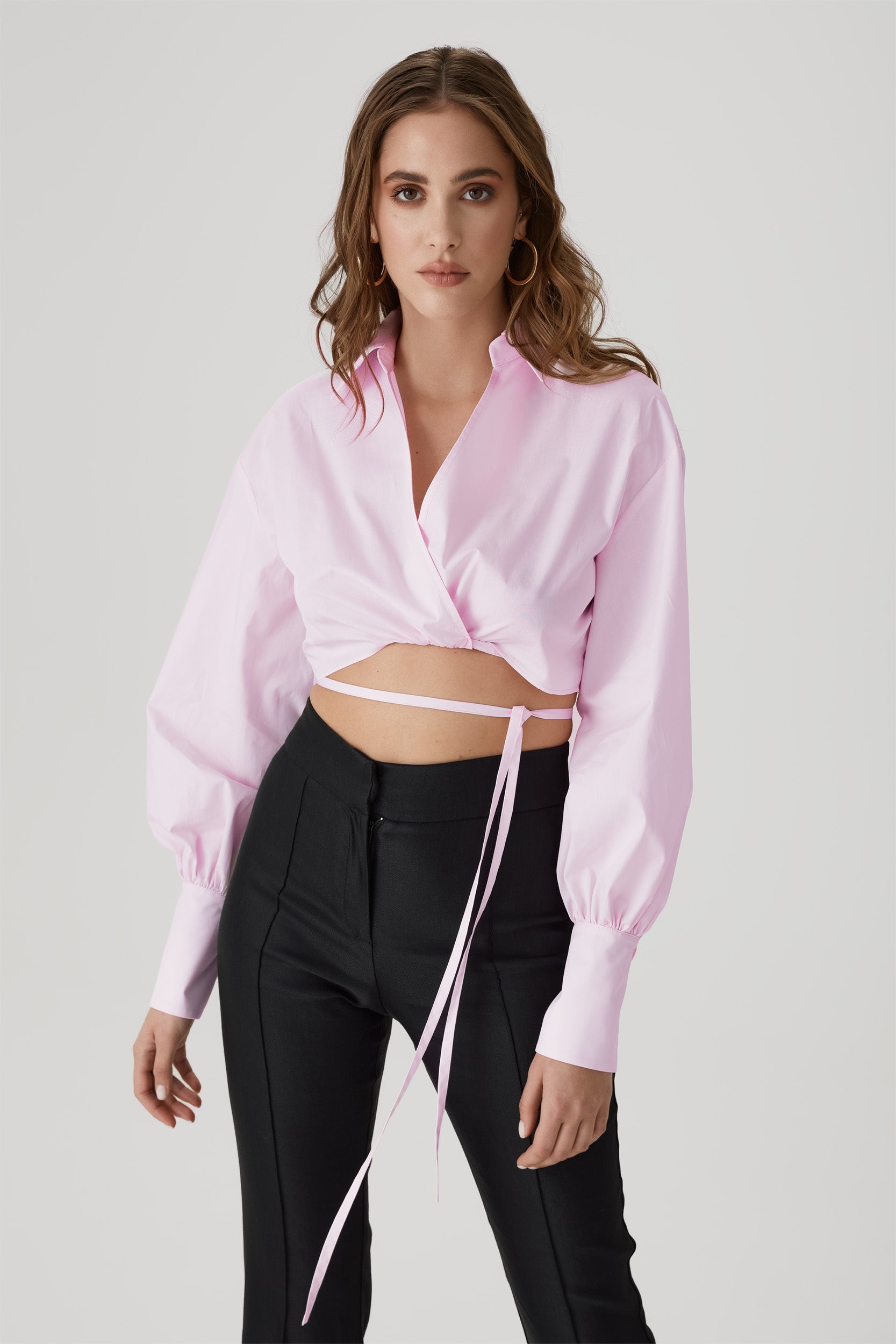 Poplin cropped wrap shirt in pink