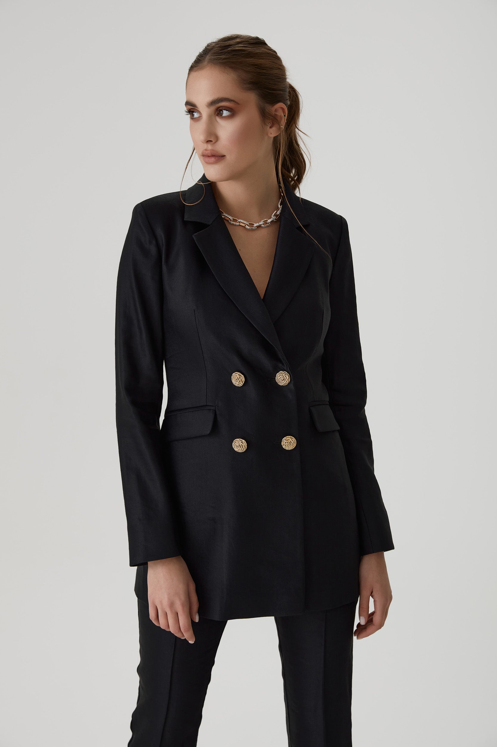 Double-Breasted Jacket with gold buttons in black