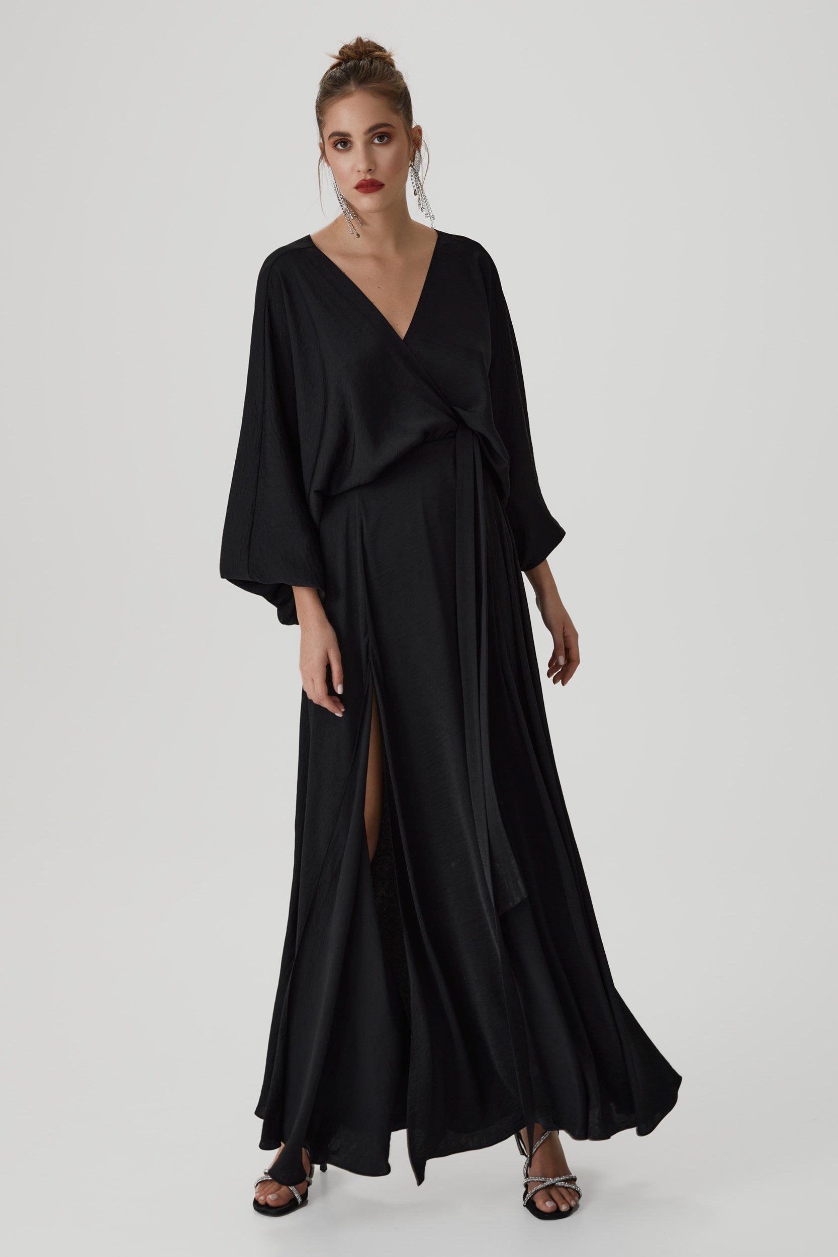 Balloon-sleeve black wrap dress