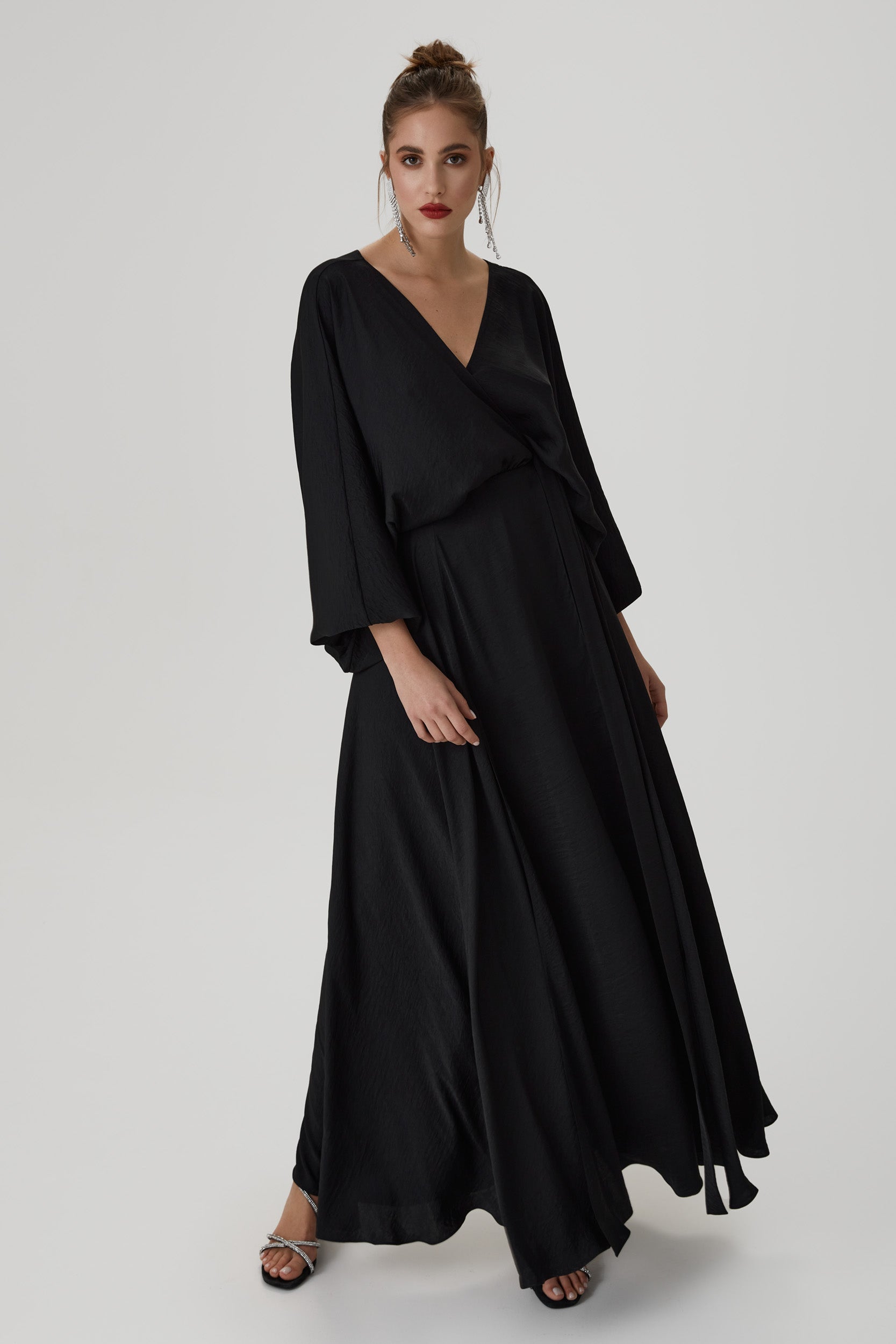 Balloon-sleeve black wrap dress
