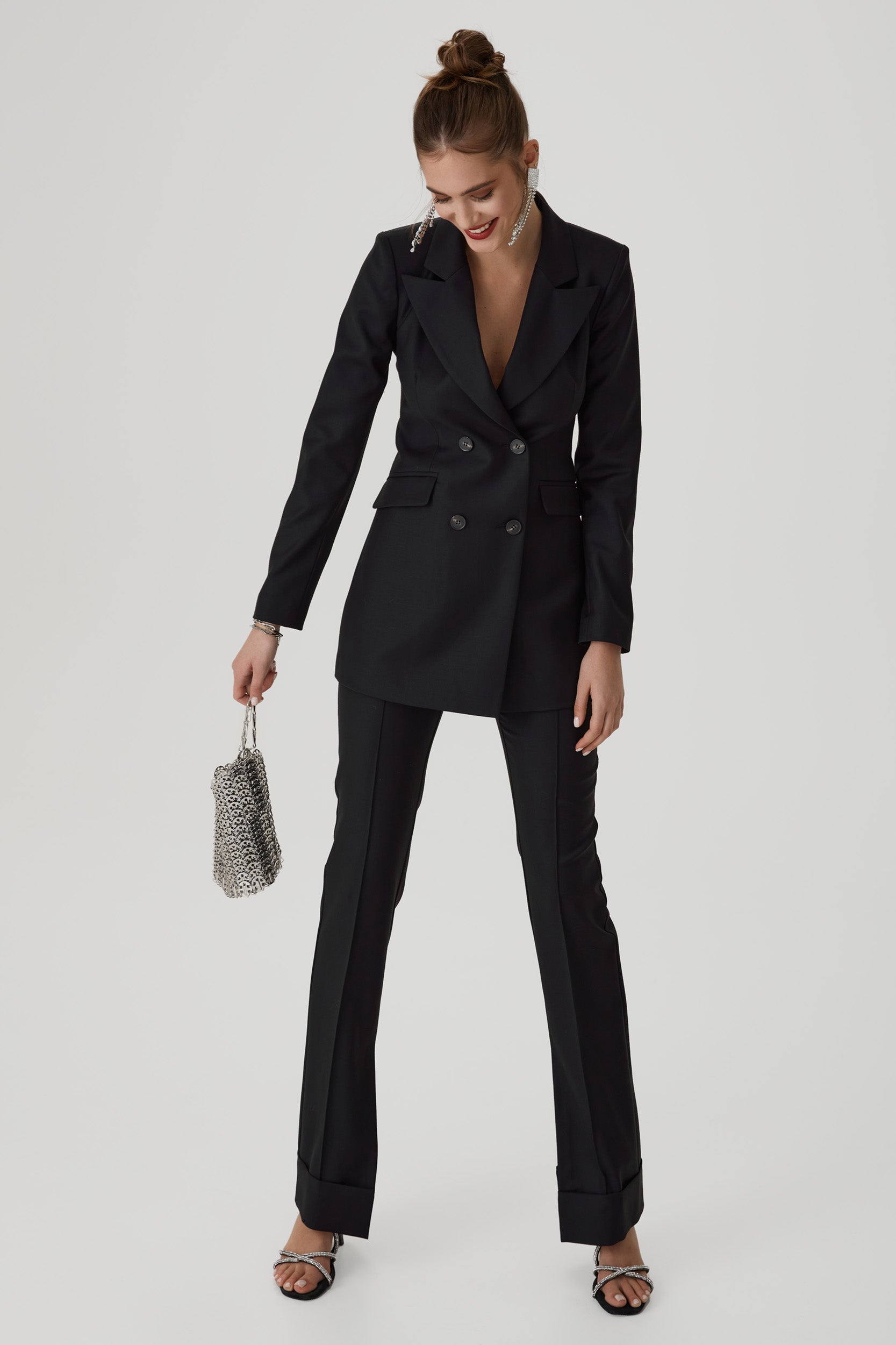 Wool straight-leg trousers with side splits in black