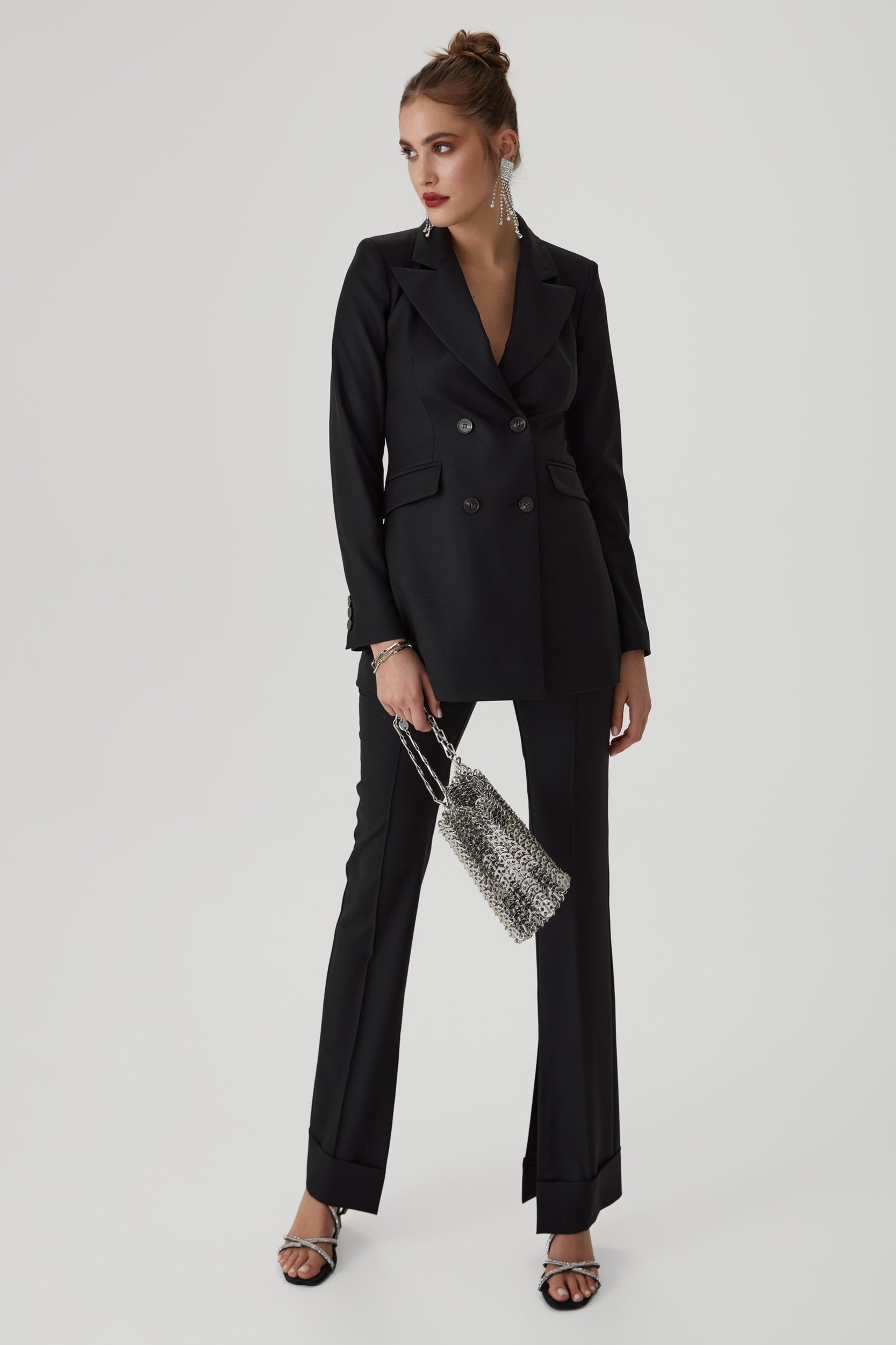 Wool straight-leg trousers with side splits in black