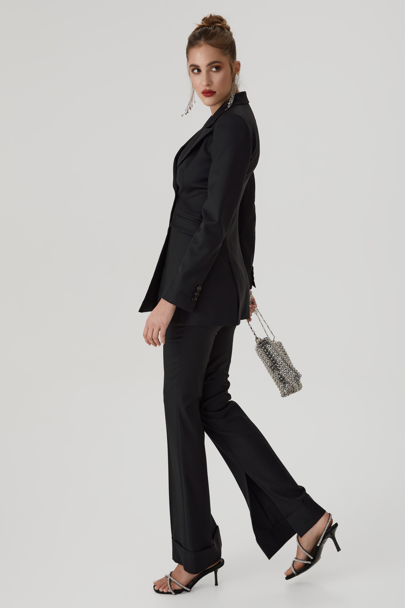 Wool straight-leg trousers with side splits in black