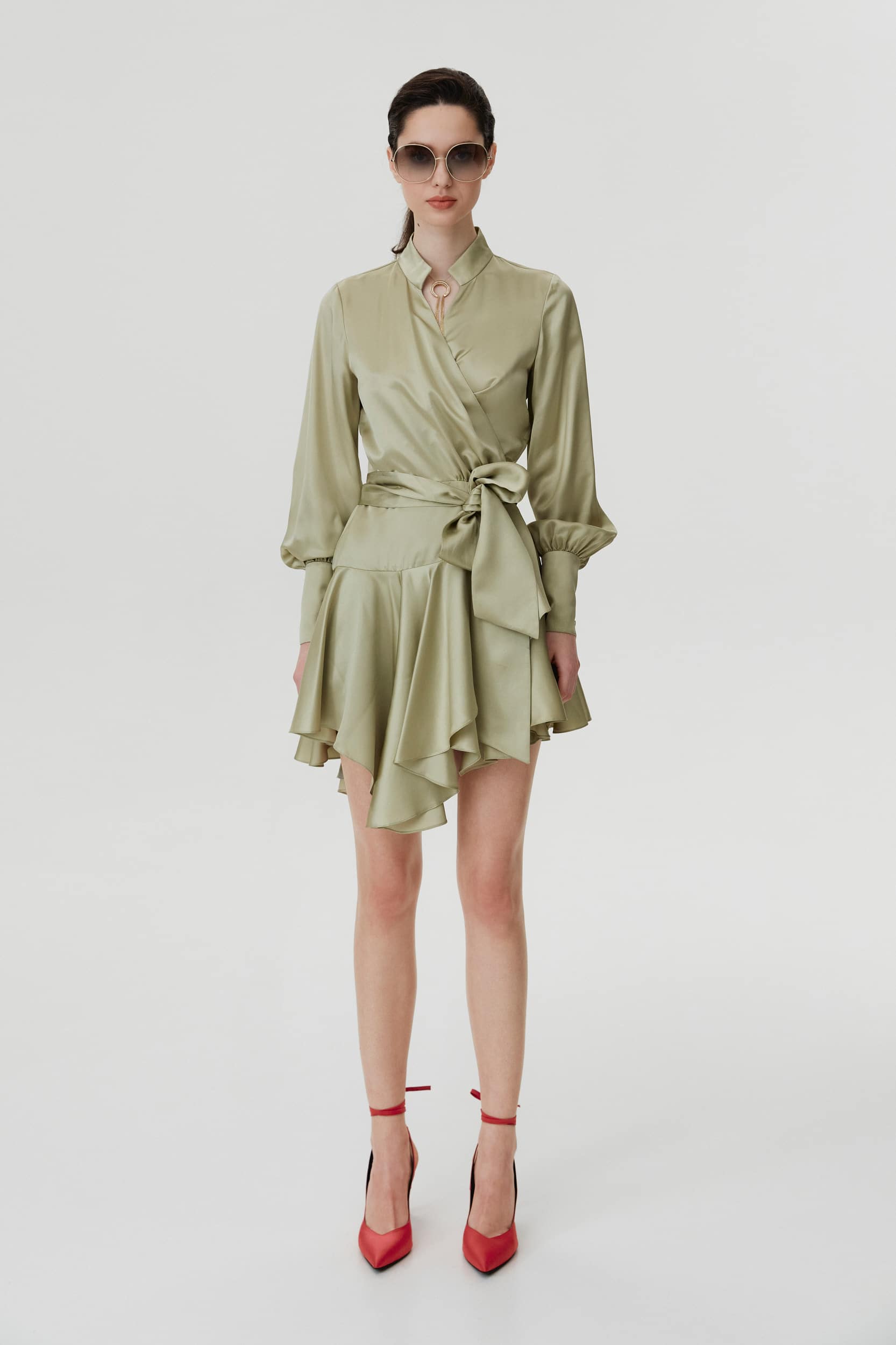 Ruffle hem silk wrap dress in green