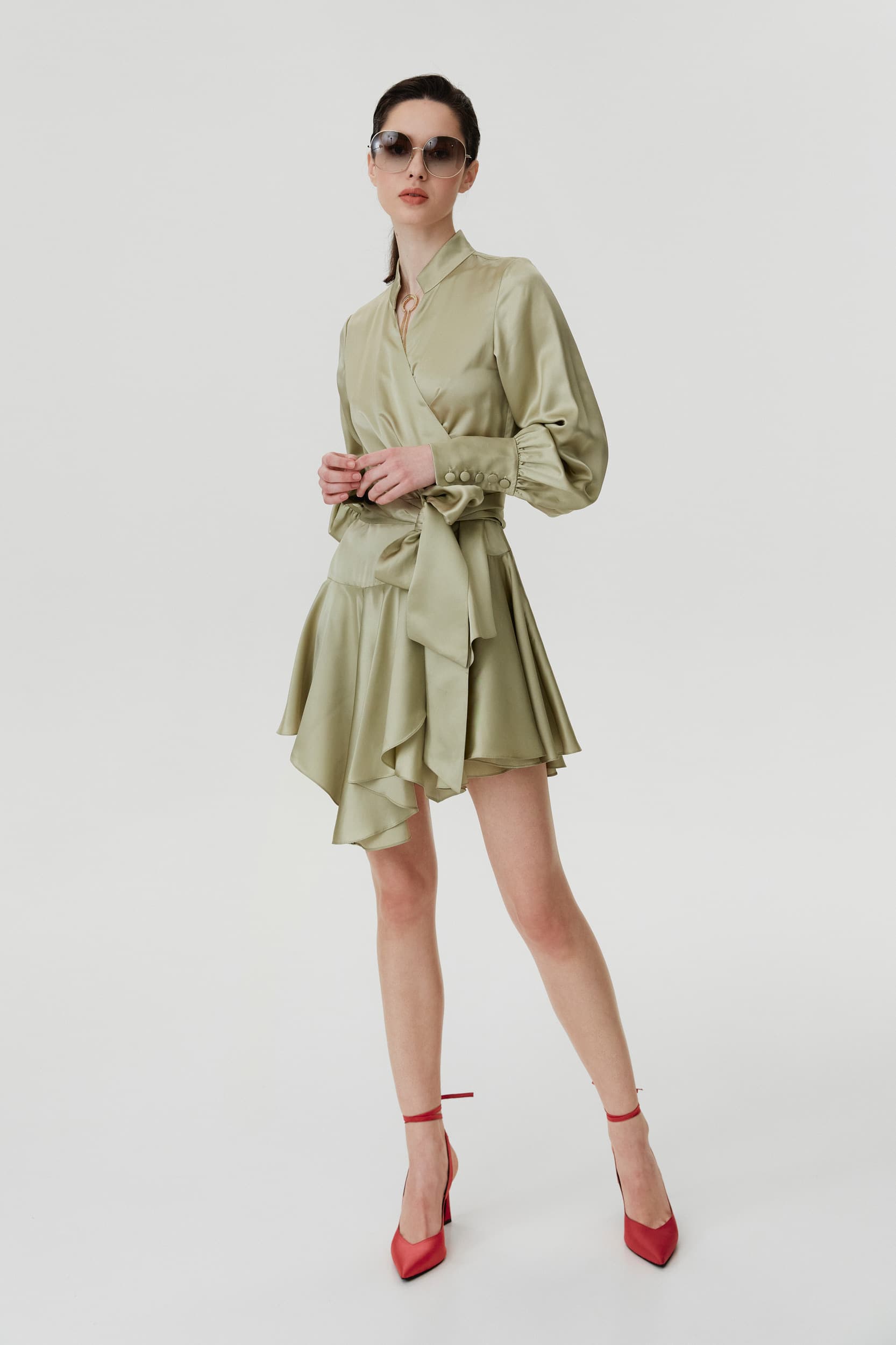 Ruffle hem silk wrap dress in green
