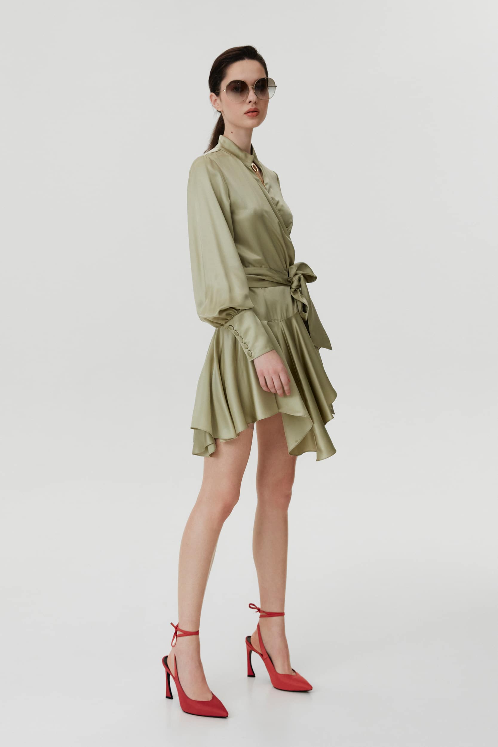 Ruffle hem silk wrap dress in green