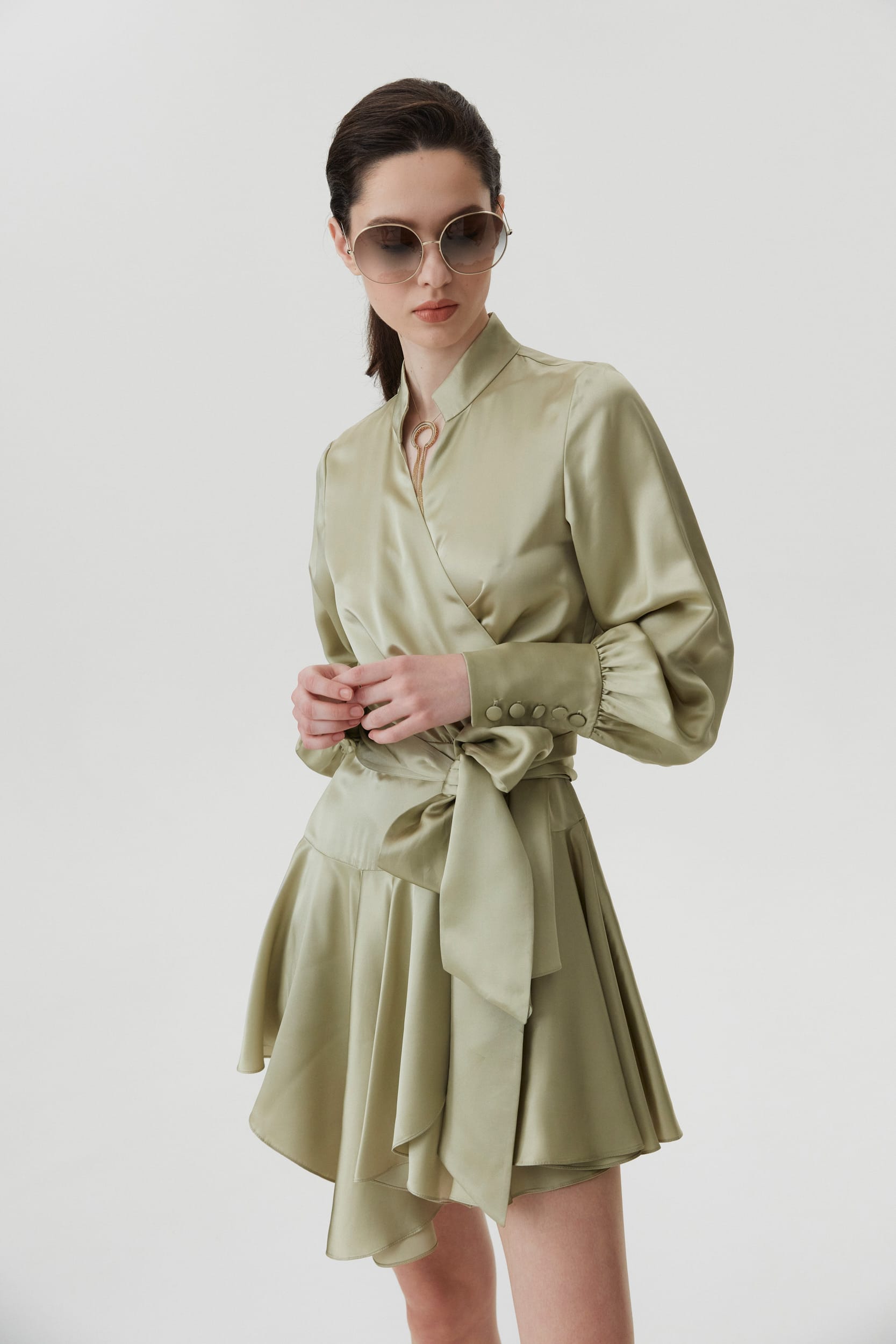 Ruffle hem silk wrap dress in green