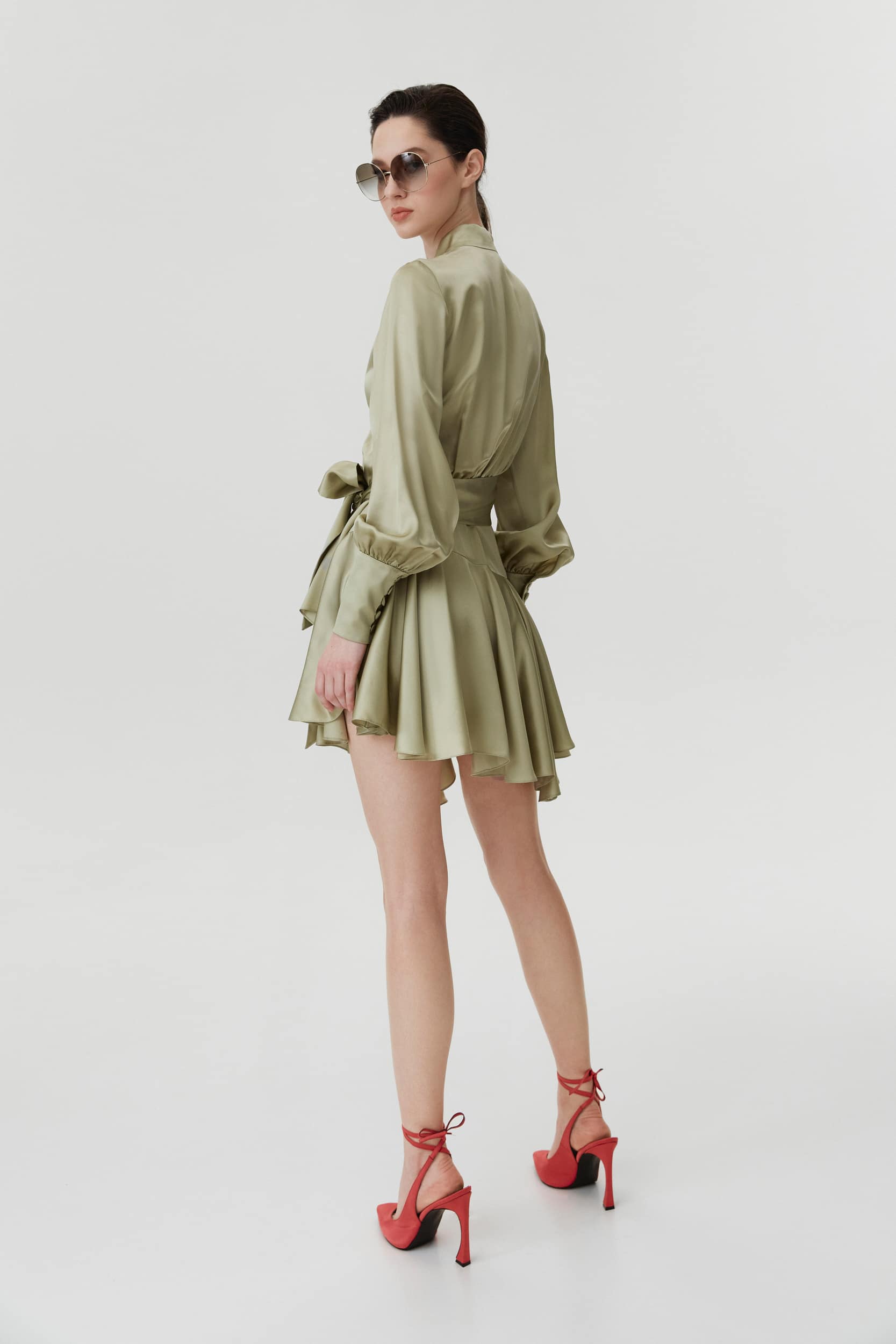 Ruffle hem silk wrap dress in green