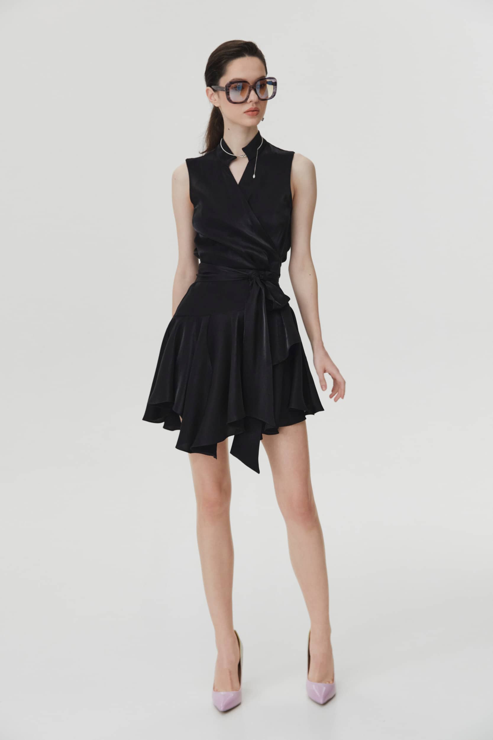 Ruffle-trimmed asymmetric silk dress in black