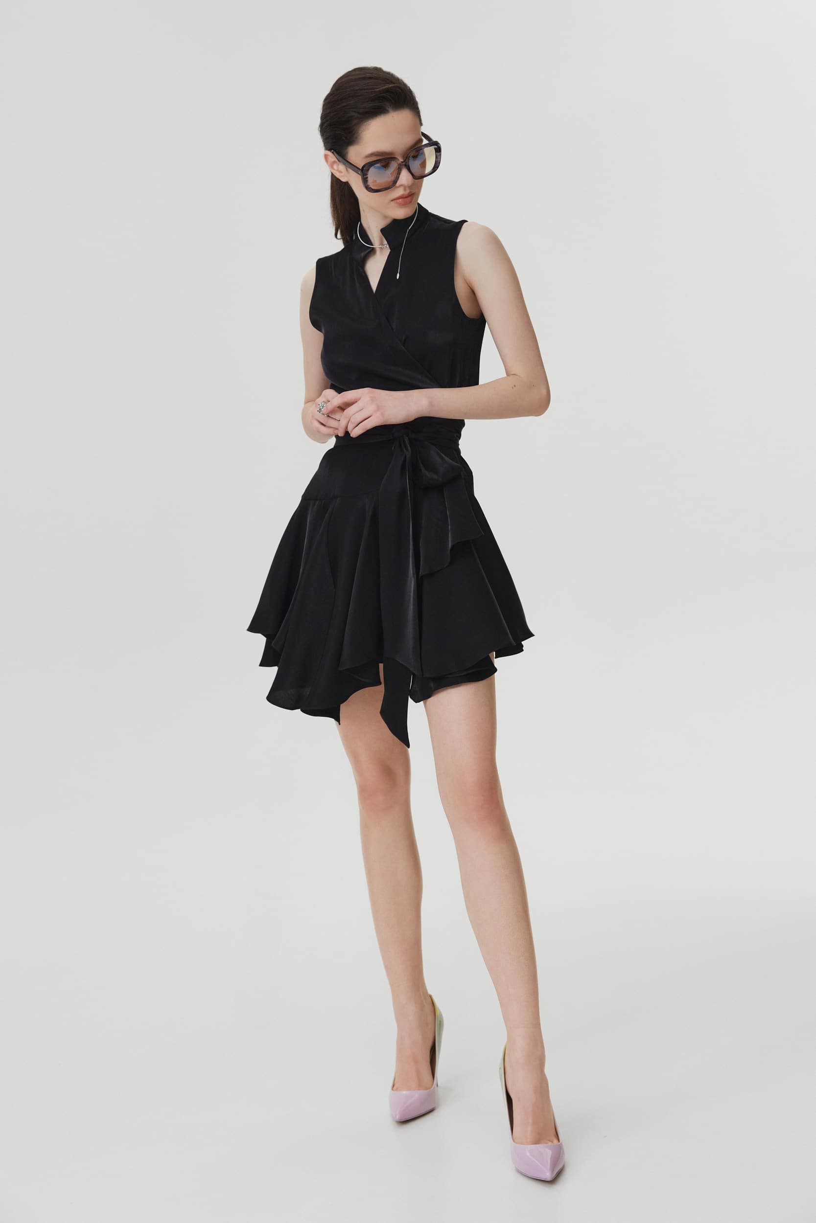 Ruffle-trimmed asymmetric silk dress in black