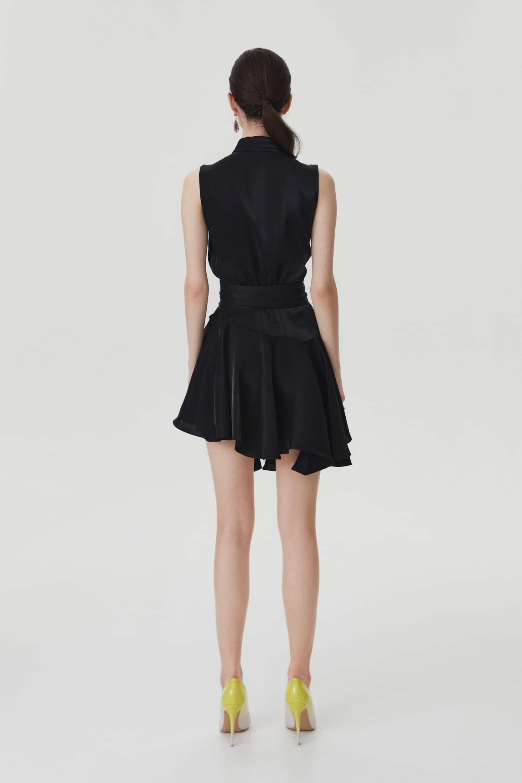 Ruffle-trimmed asymmetric silk dress in black