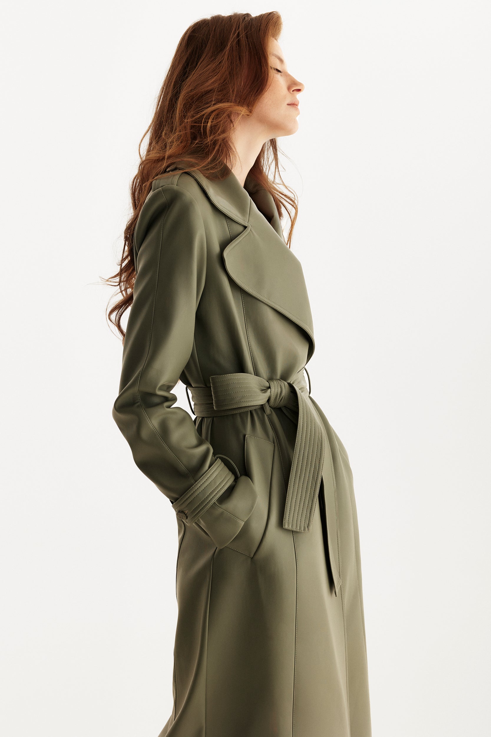 Vegan leather trench coat in green