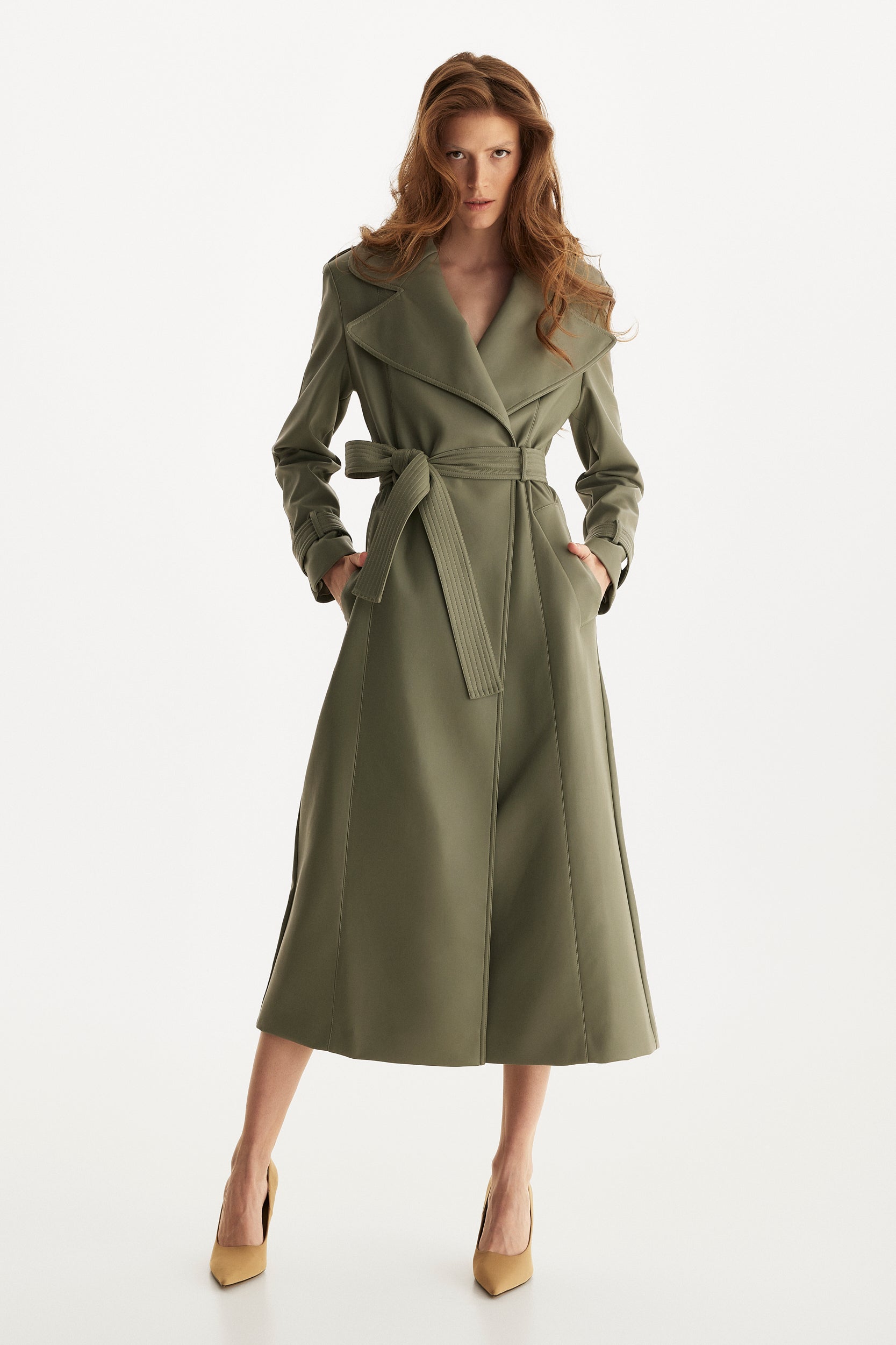 Vegan leather trench coat in green