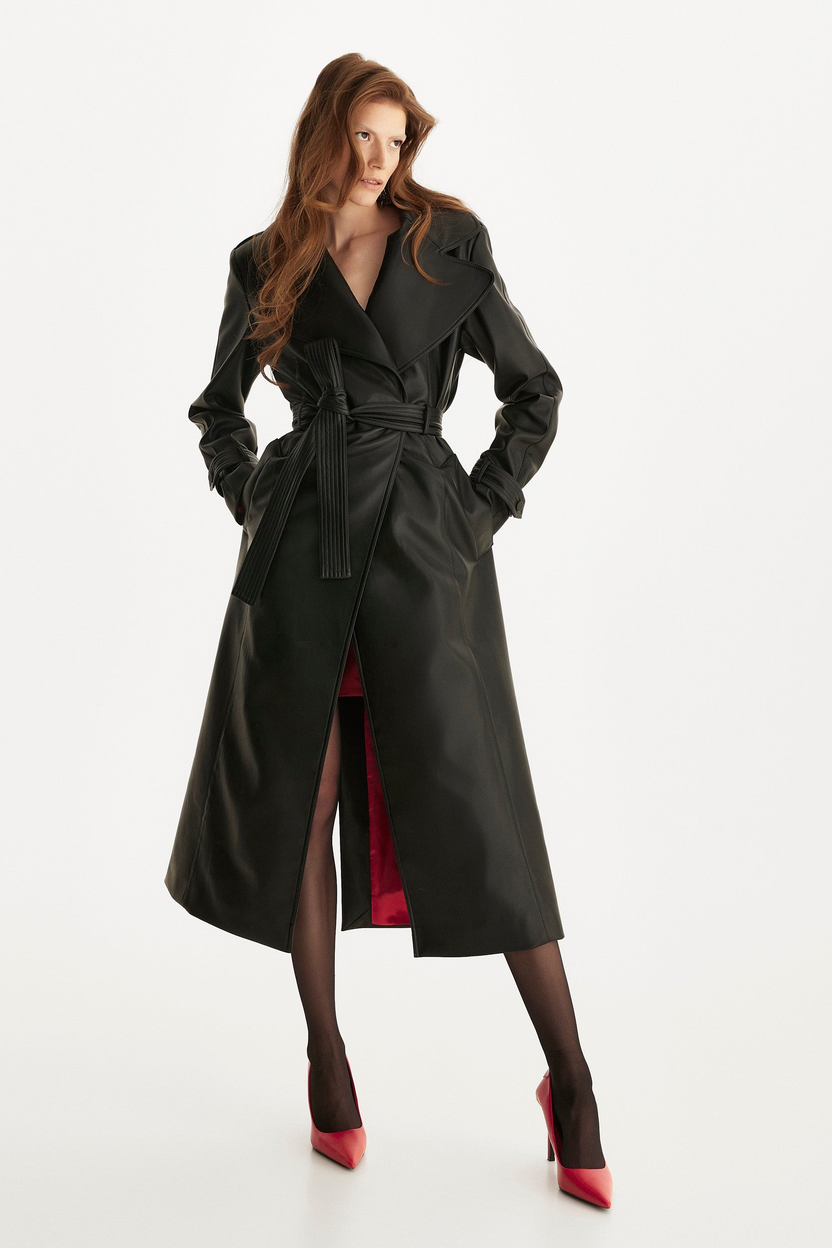 Belted leather trench coat in black