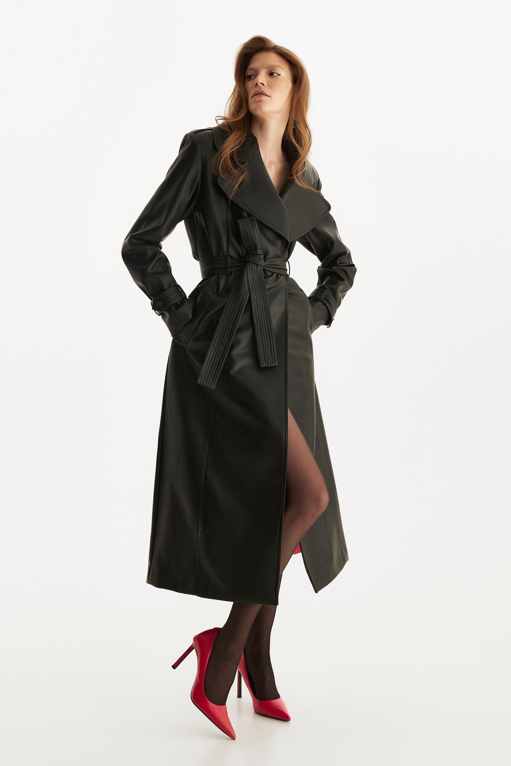Belted leather trench coat in black