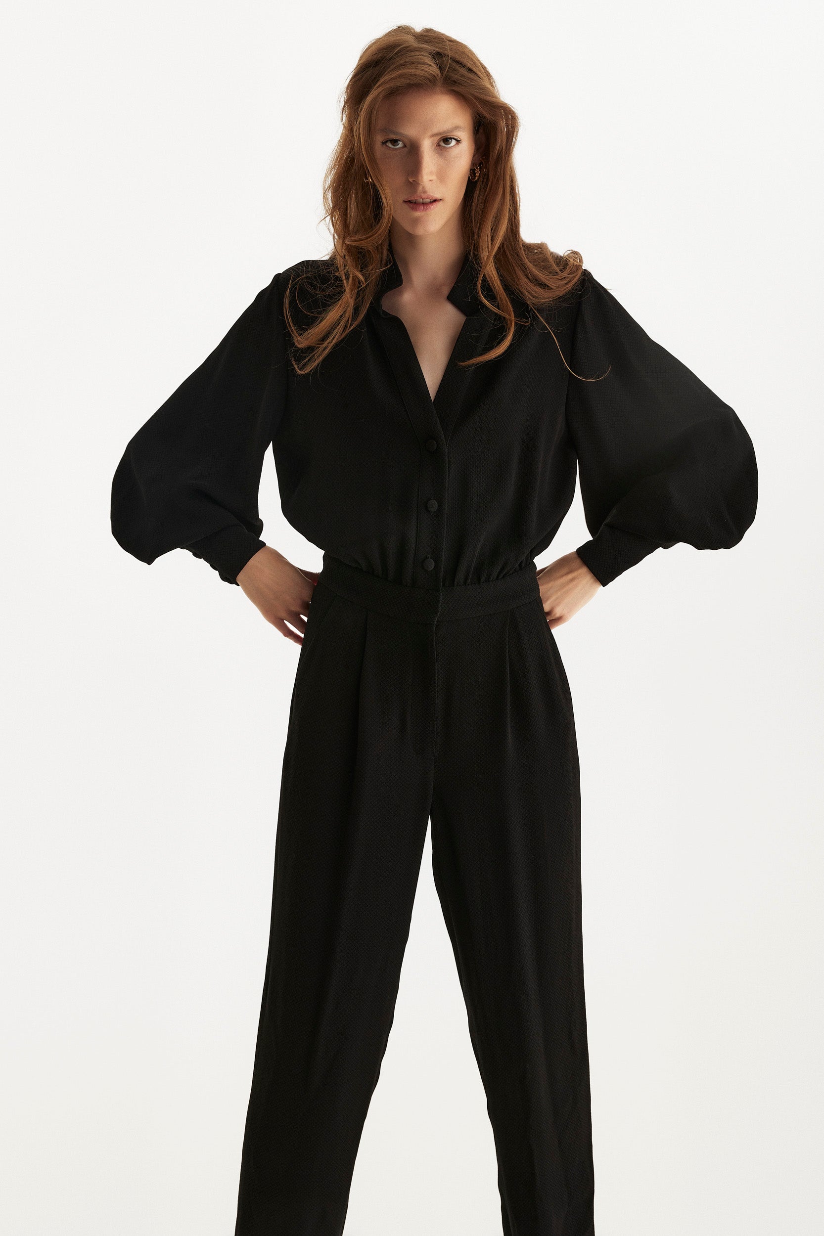 Bishop sleeves crepe jumpsuit in black