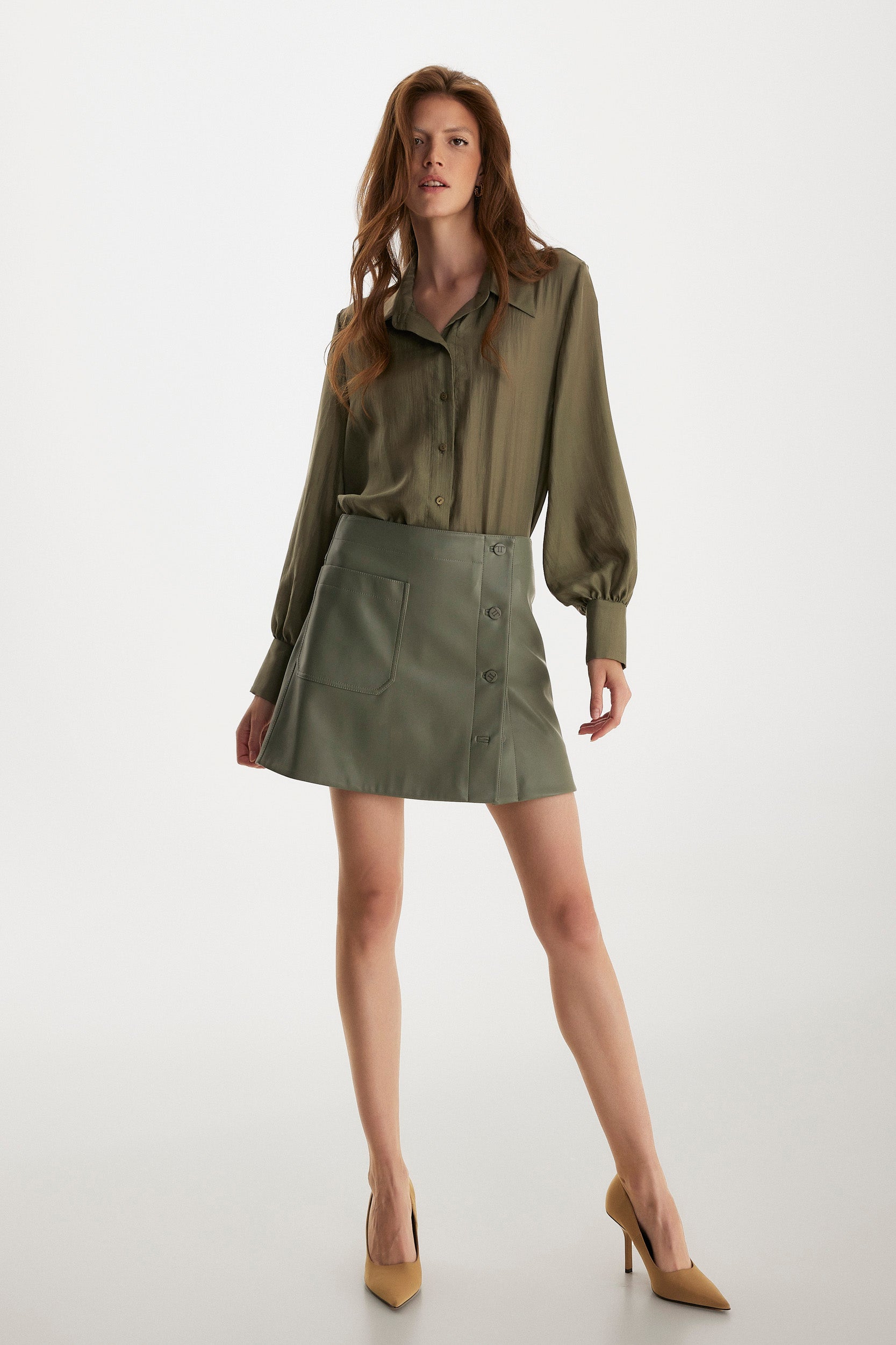 Faux leather olive green A-line skirt