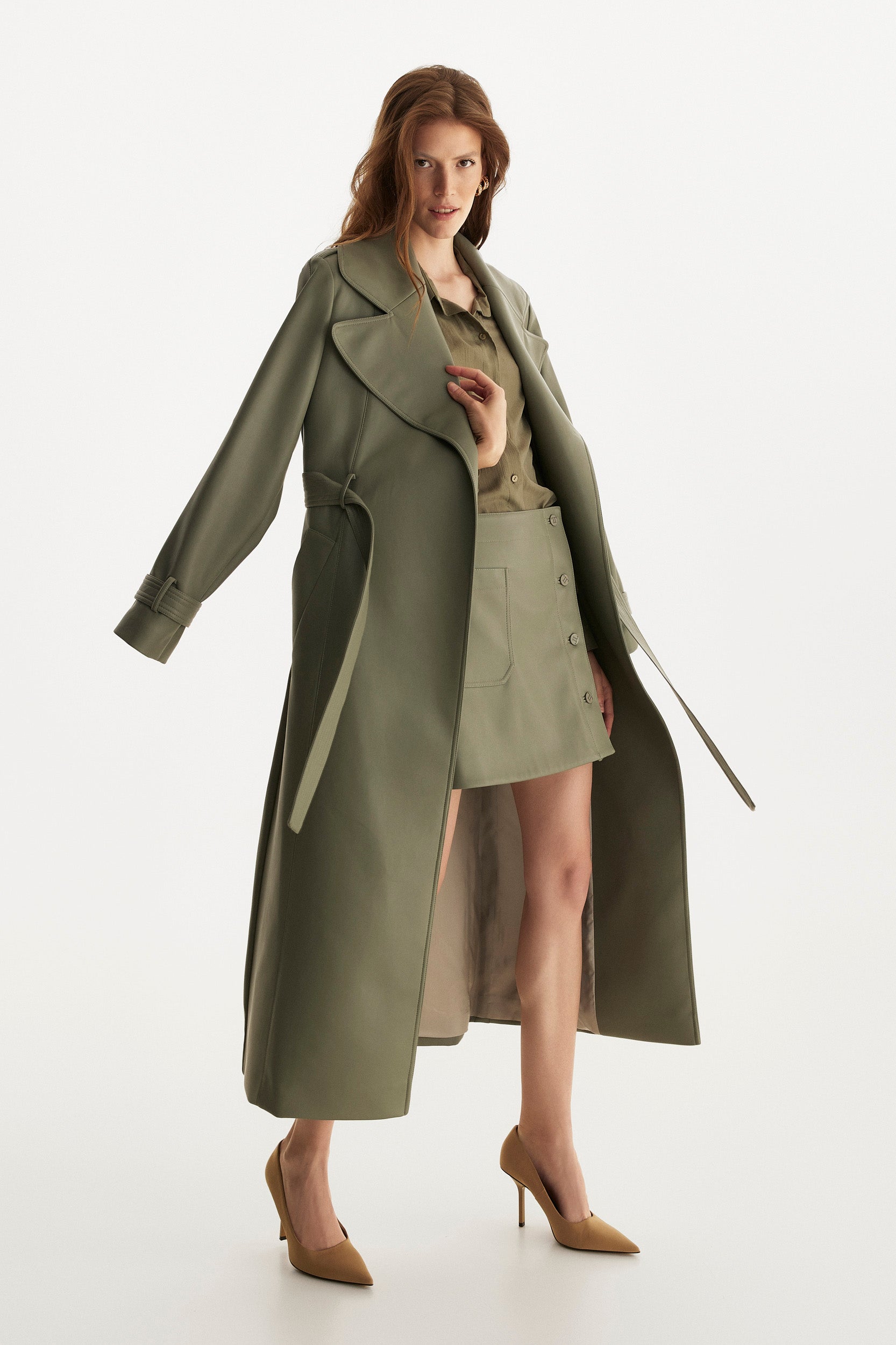 Faux leather olive green A-line skirt