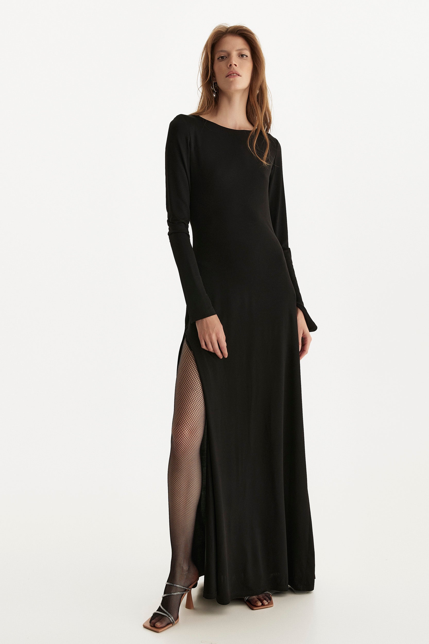 Open back dress with side split in black