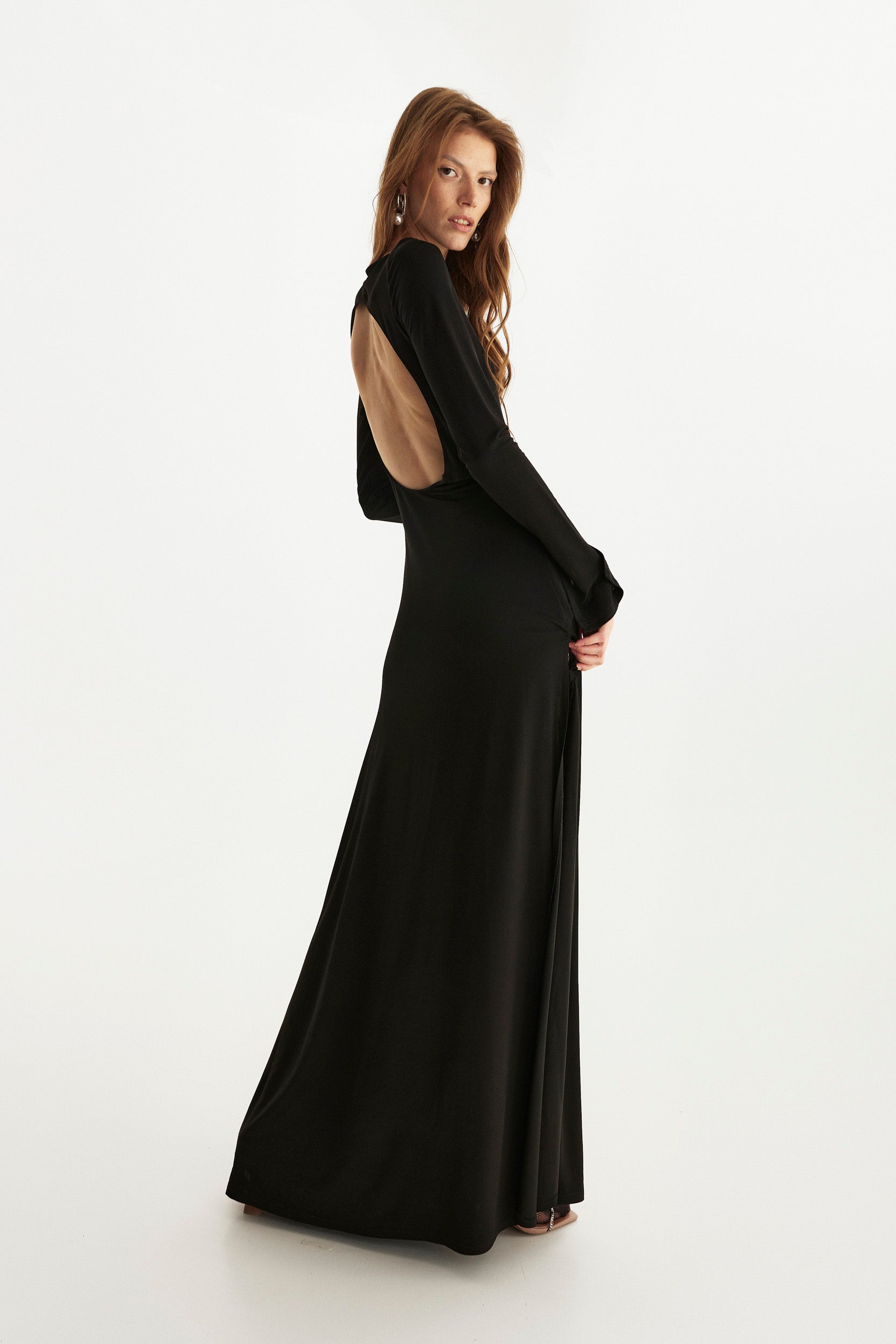 Open back dress with side split in black