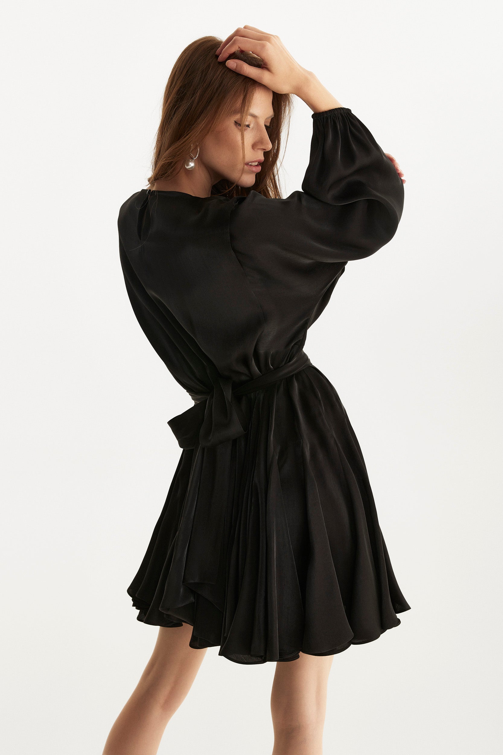 Black asymmetric pure-silk mini dress