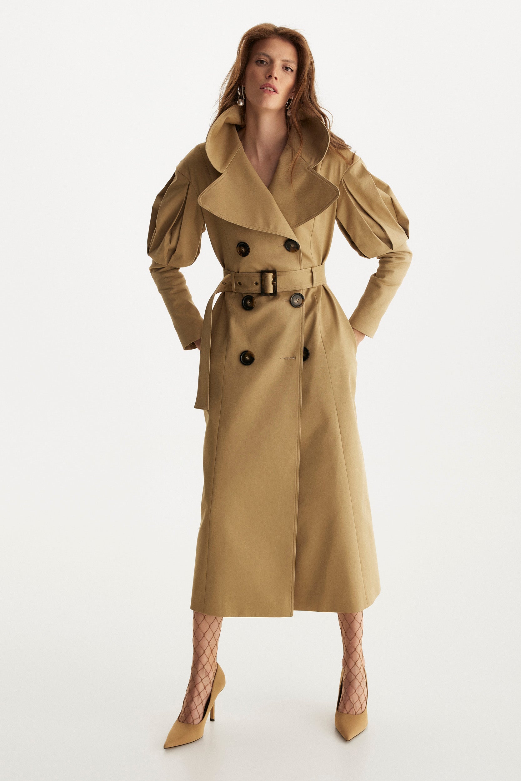 Statement pleated shoulders beige trench coat