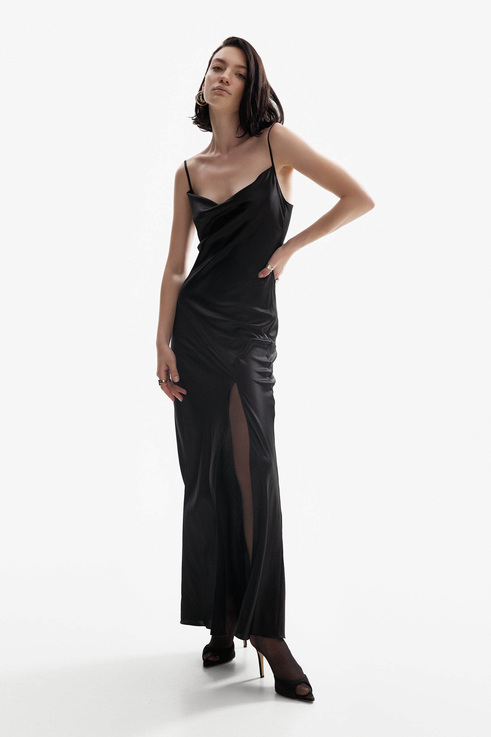 Floor-length silk dress in black