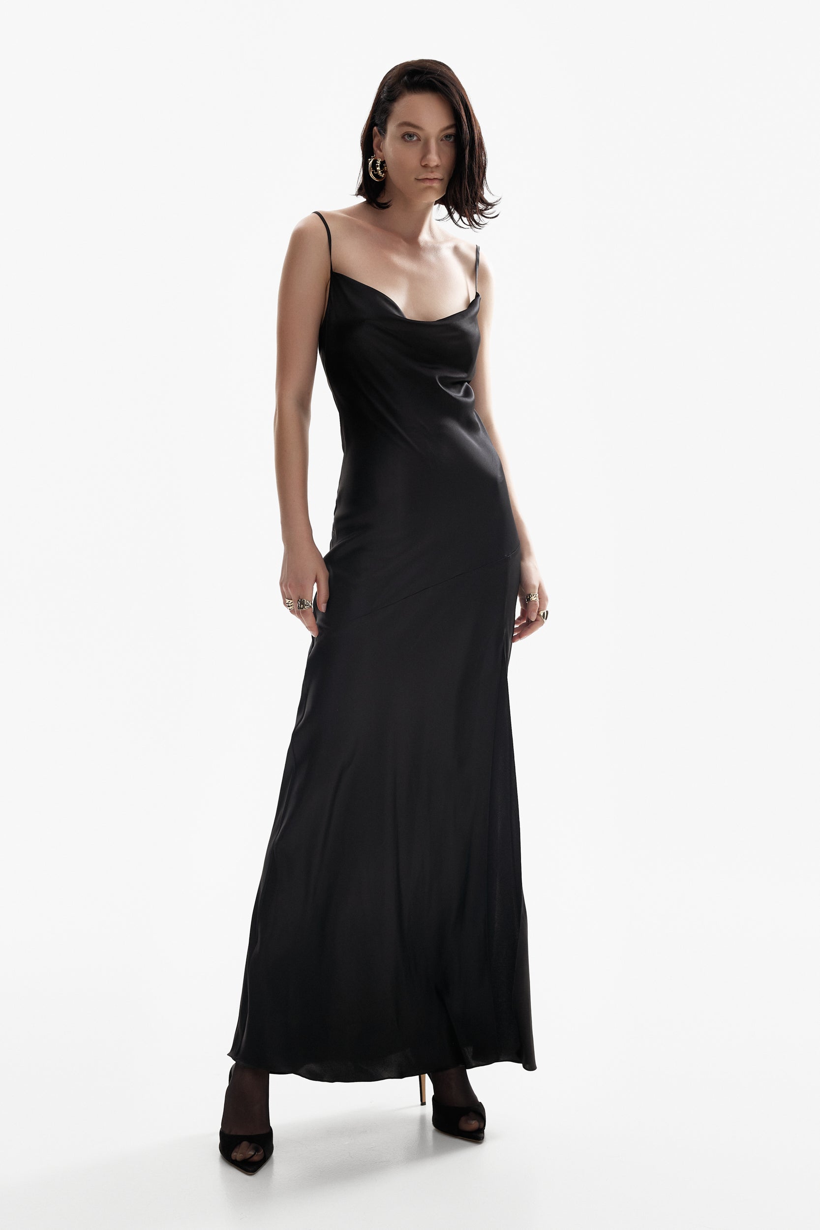 Floor-length silk dress in black
