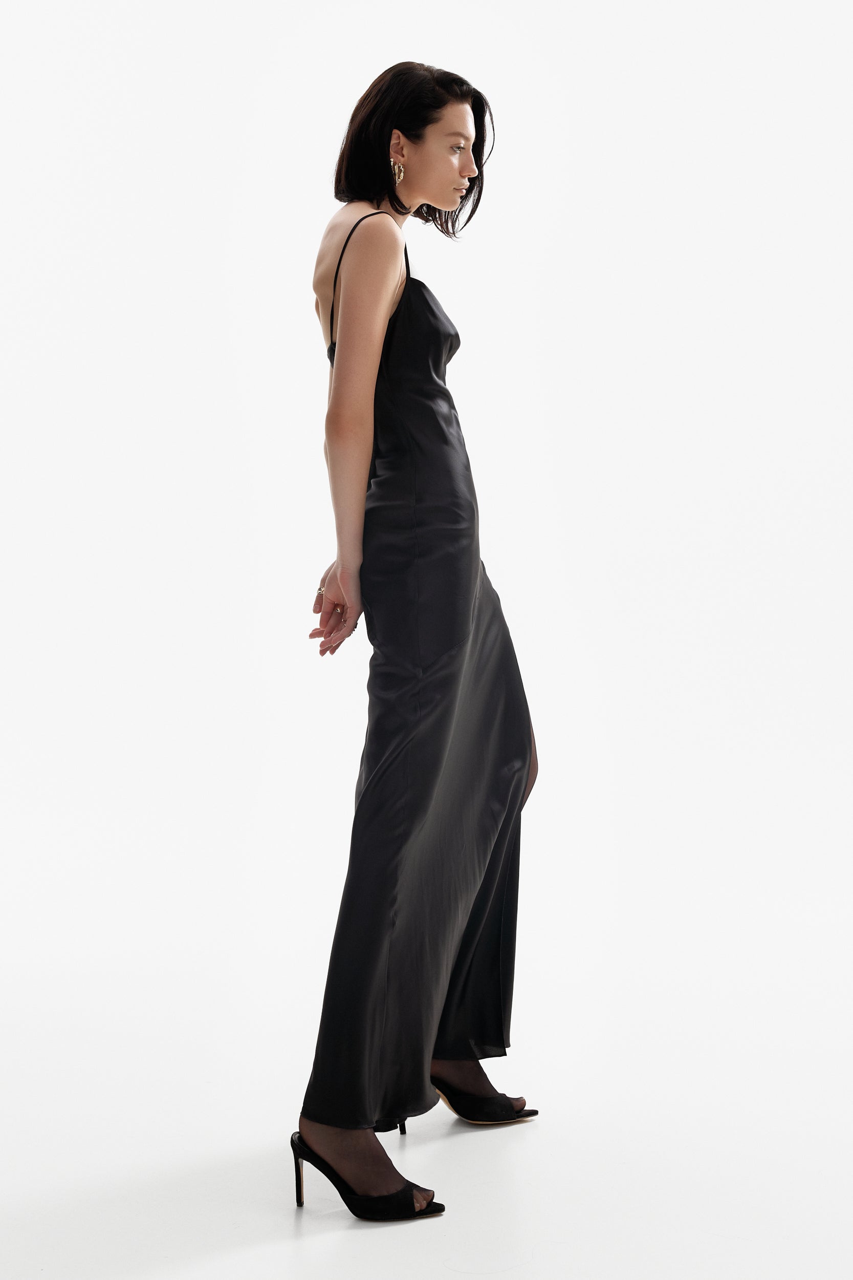 Floor-length silk dress in black