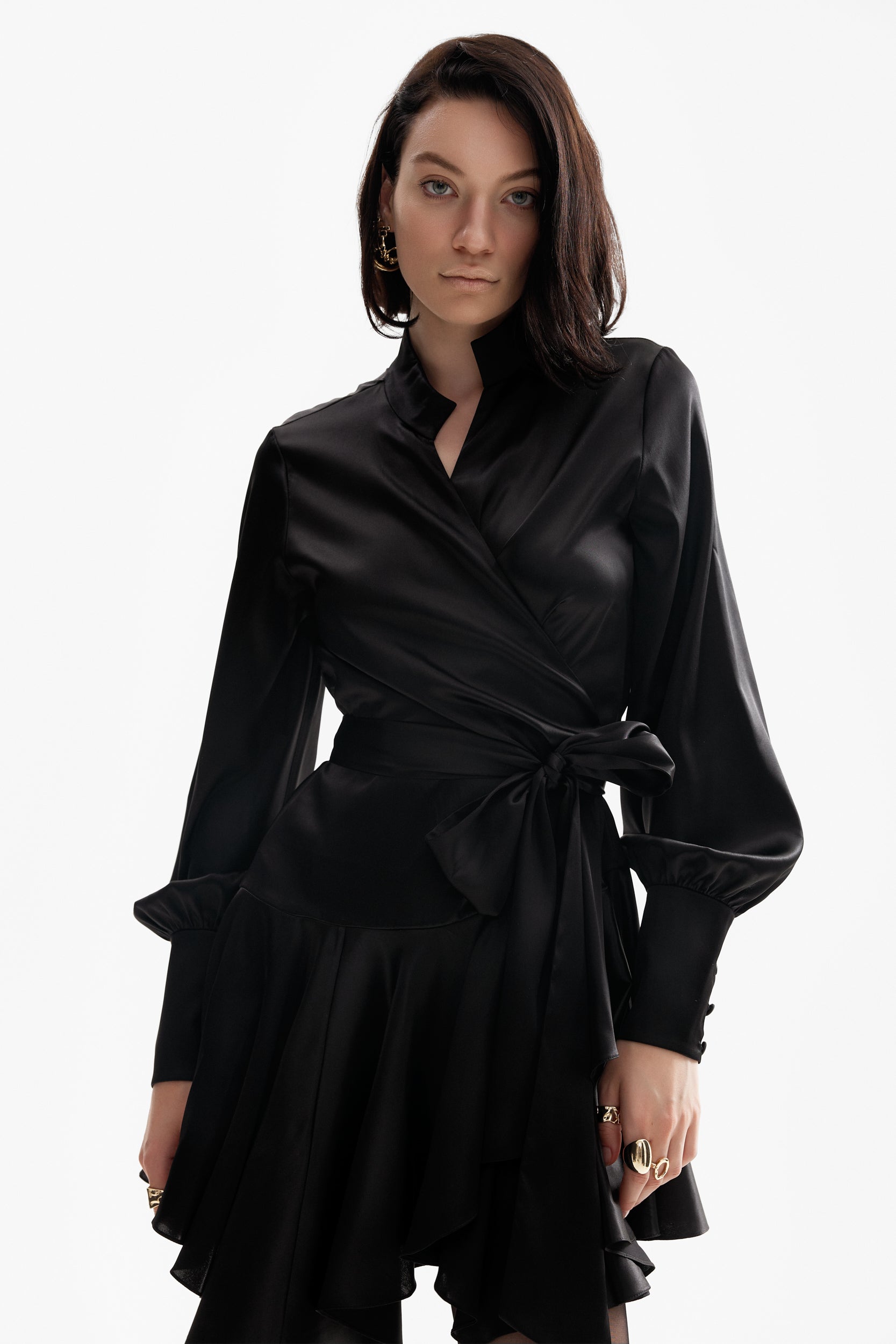 Ruffle hem silk wrap dress in black