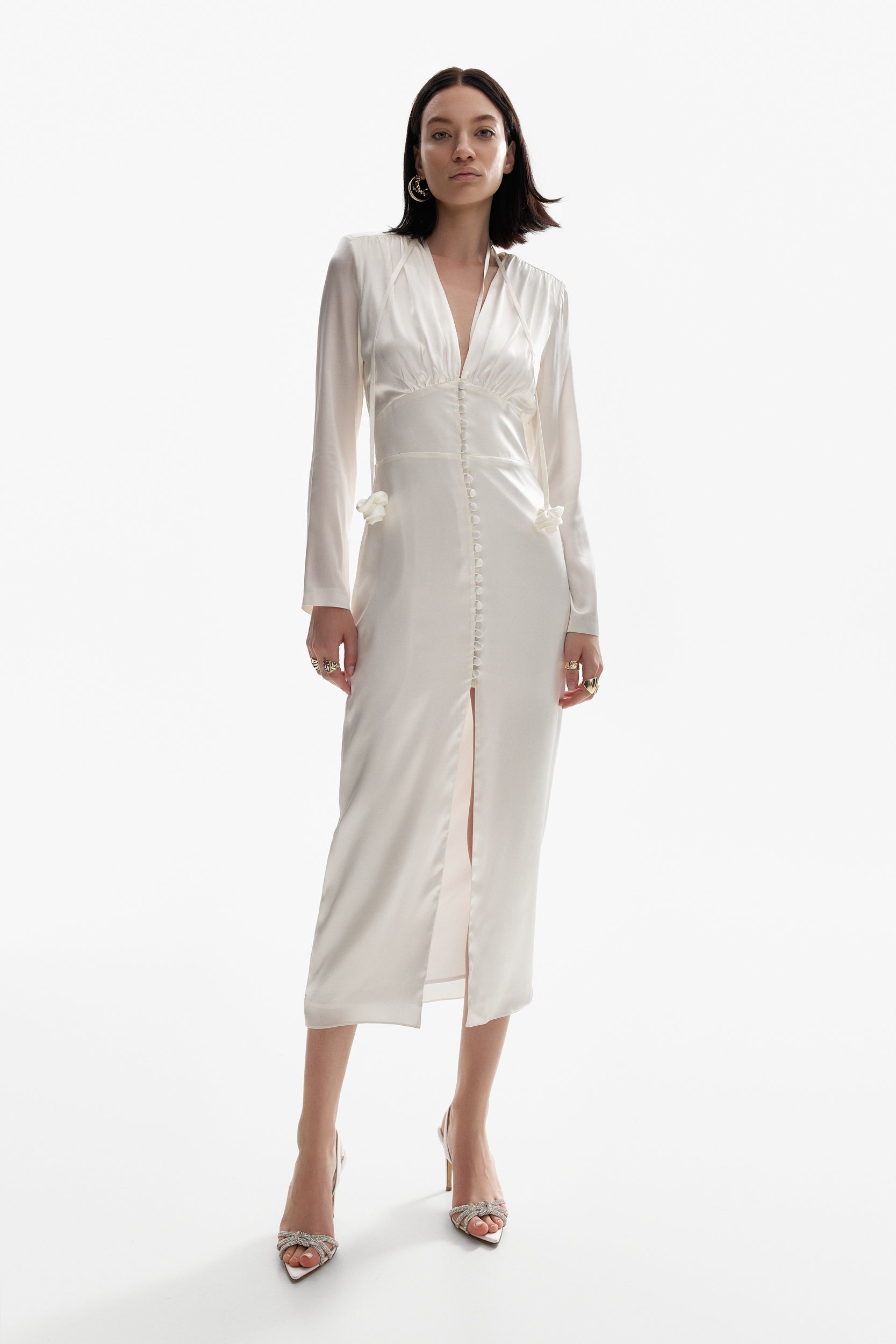 Button-down silk dress in white