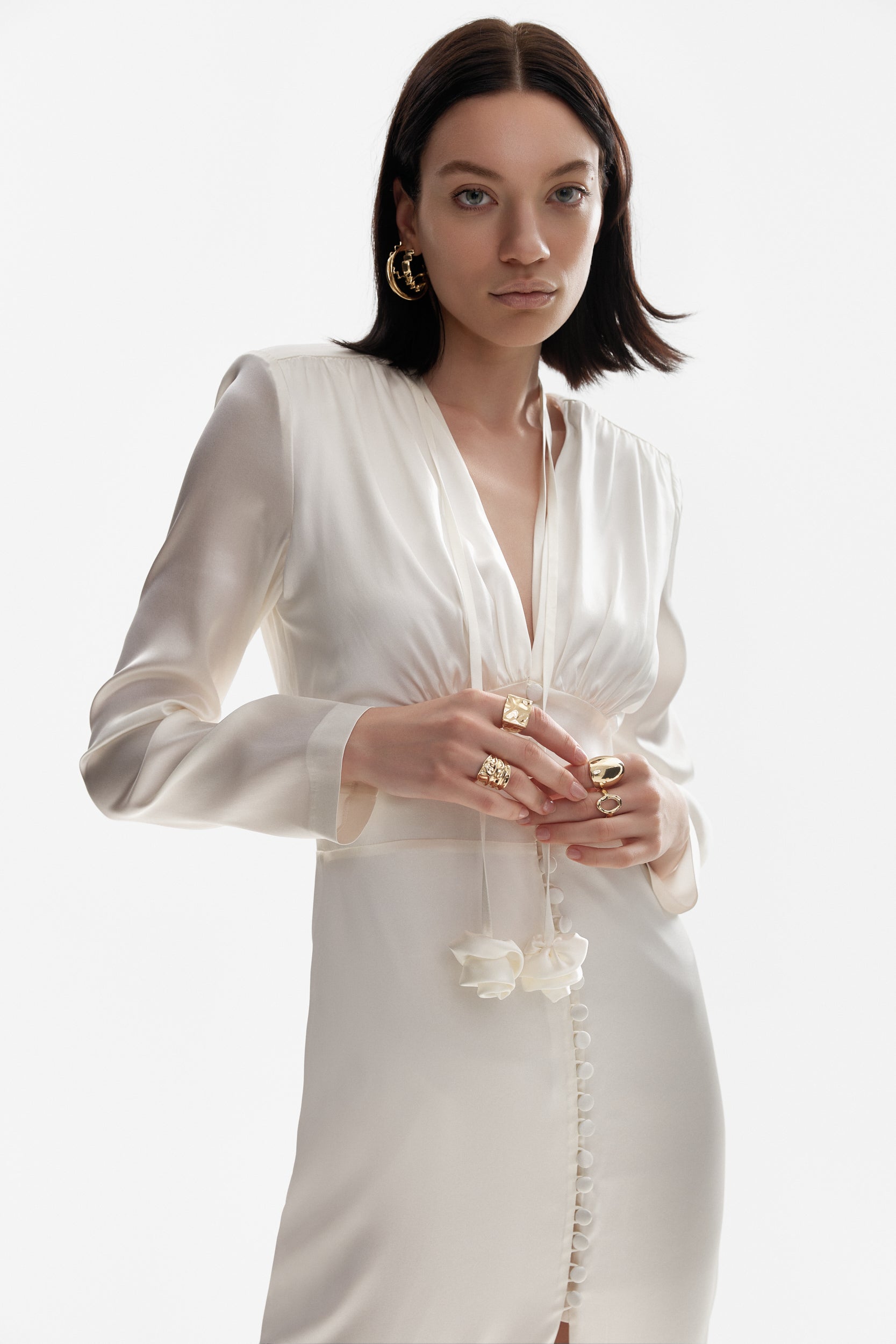 Button-down silk dress in white