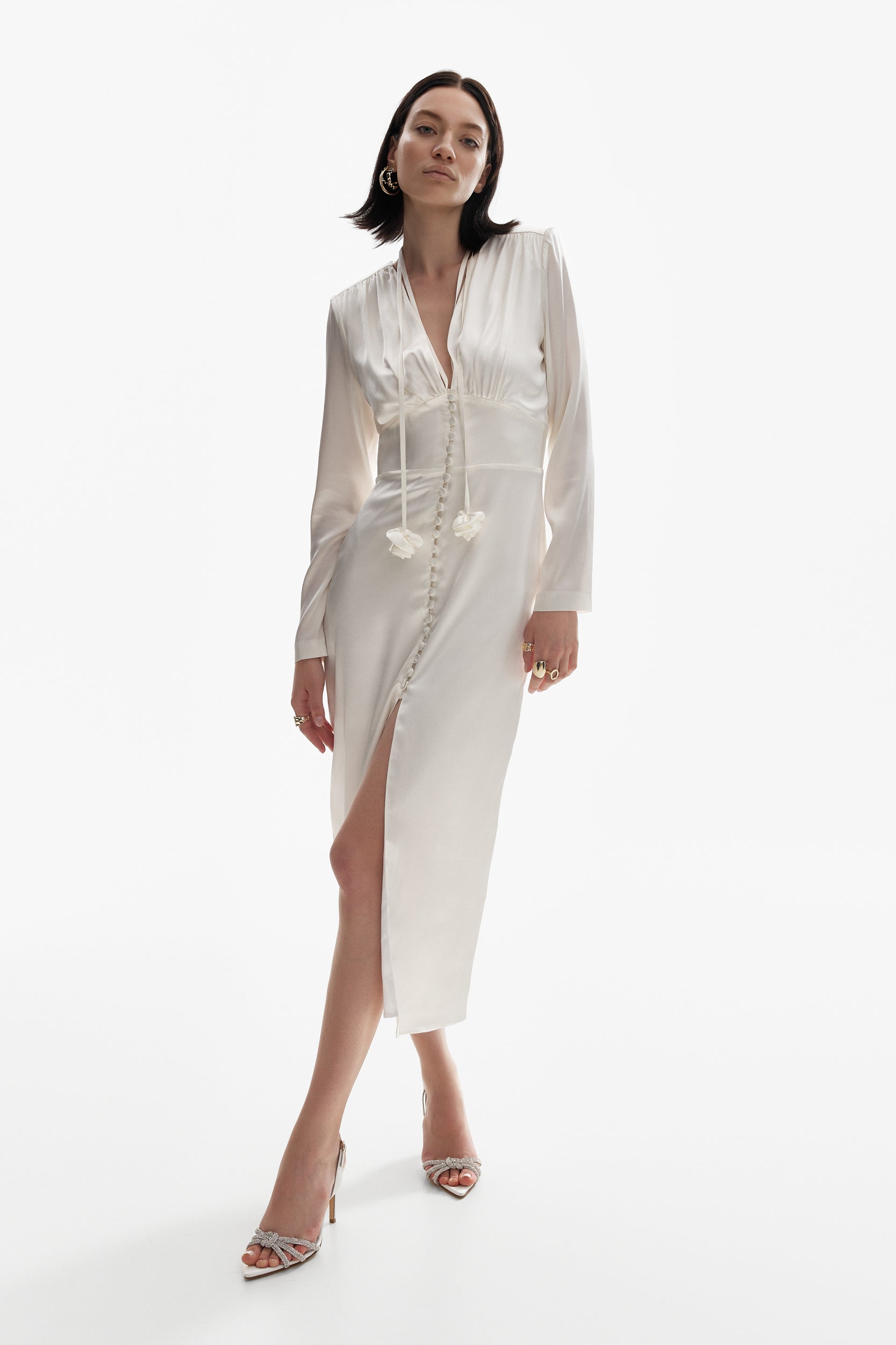 Button-down silk dress in white