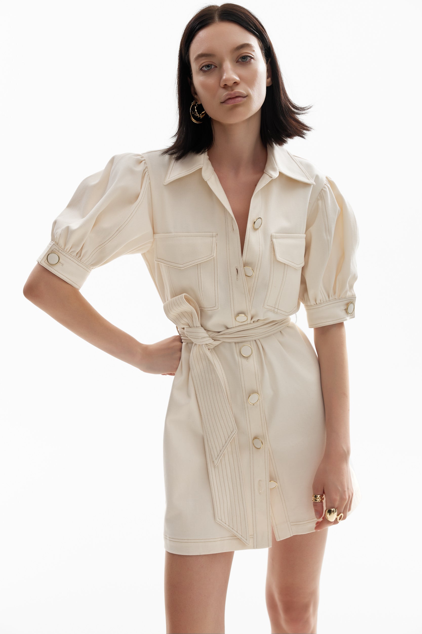 Topstitch detail cotton dress in white