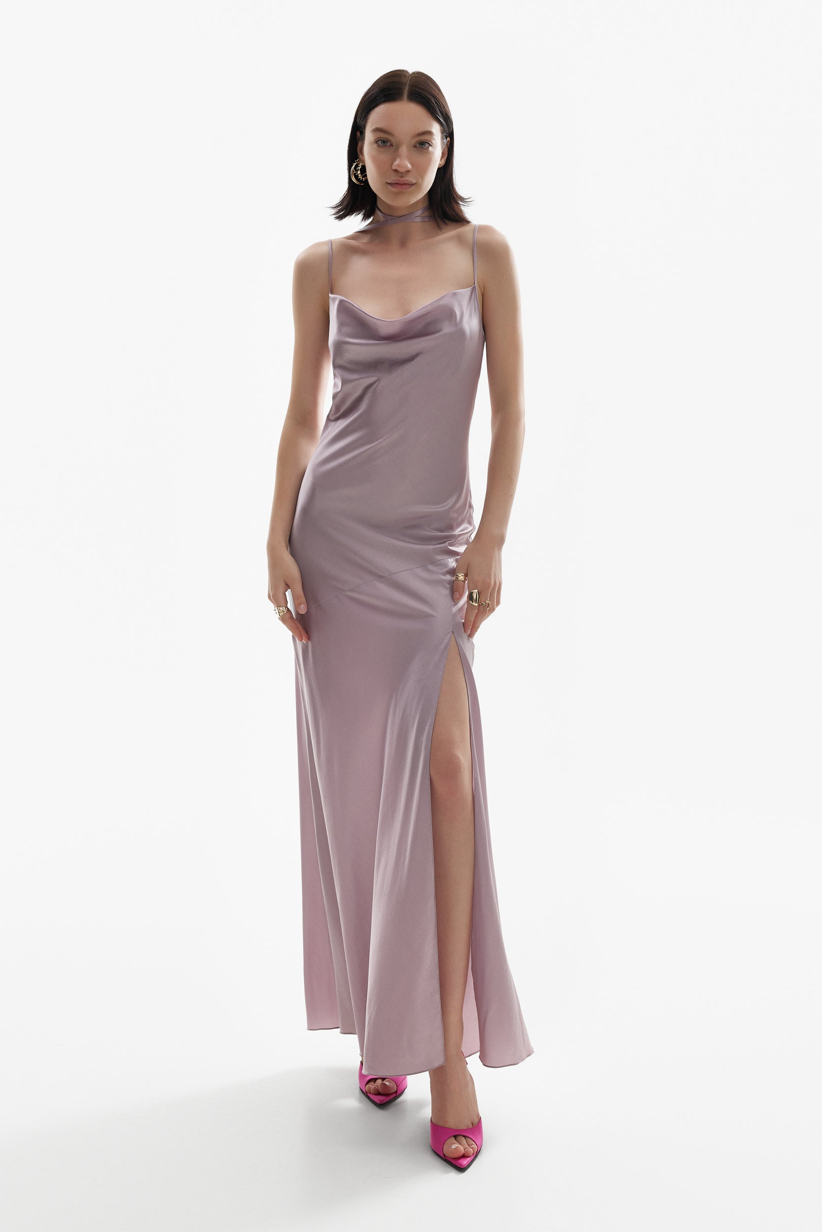 Floor-length satin dress in purple