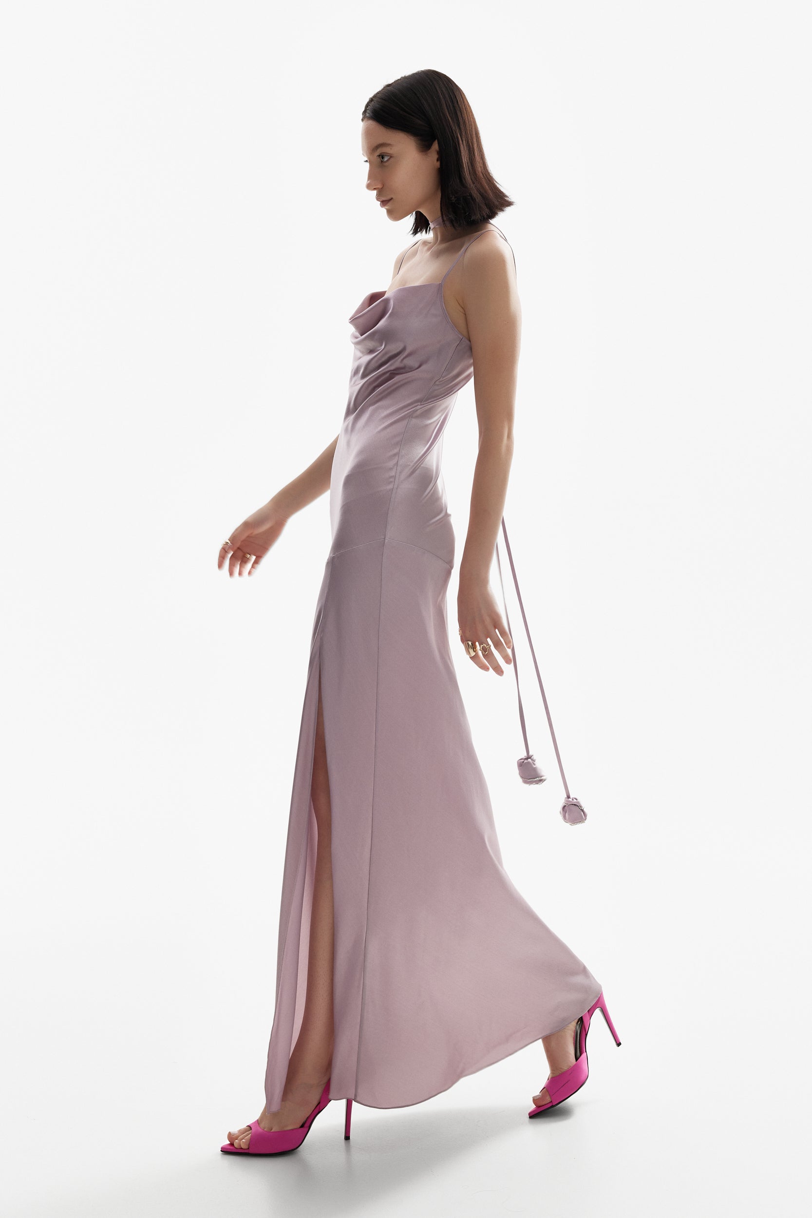 Floor-length satin dress in purple