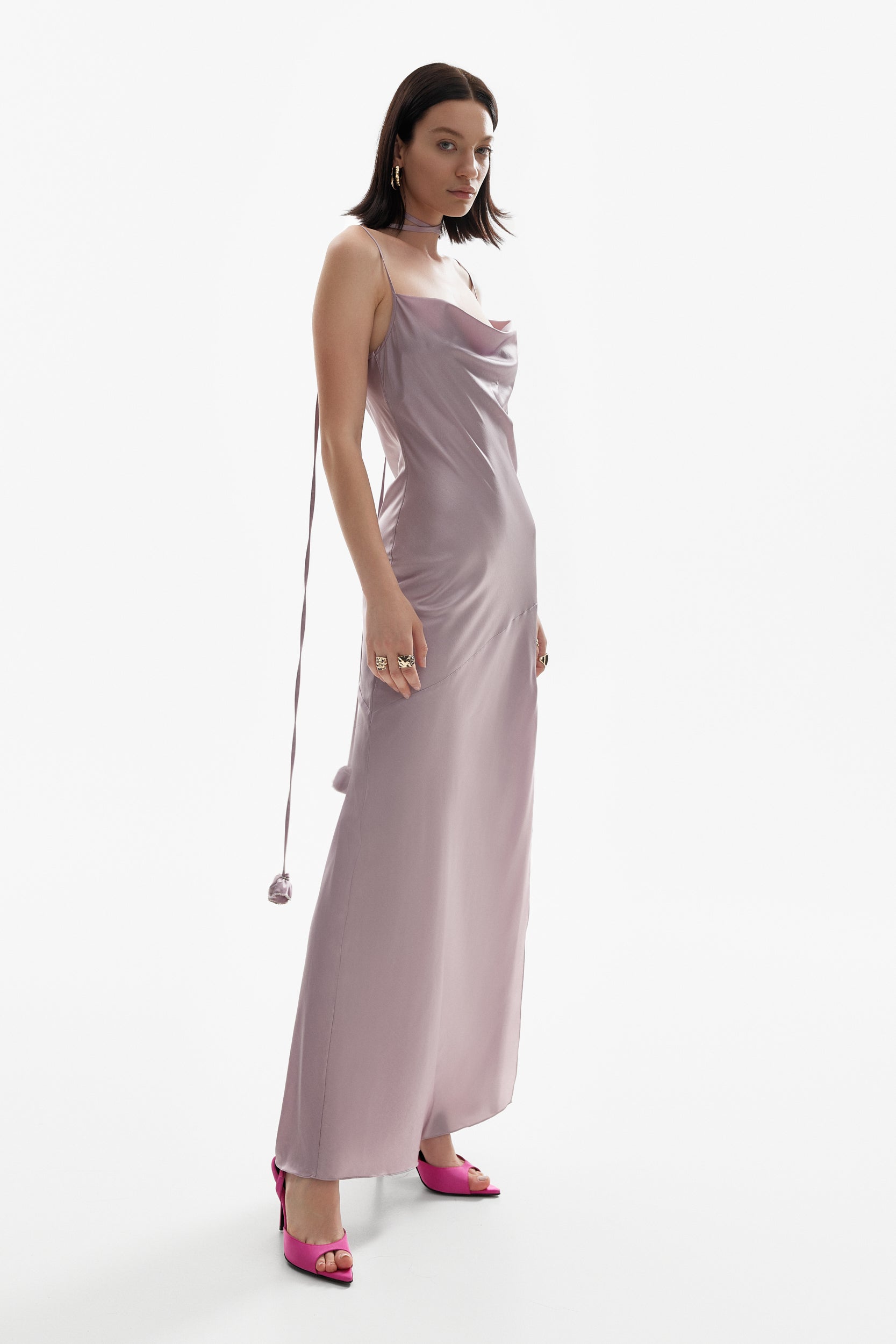 Floor-length satin dress in purple