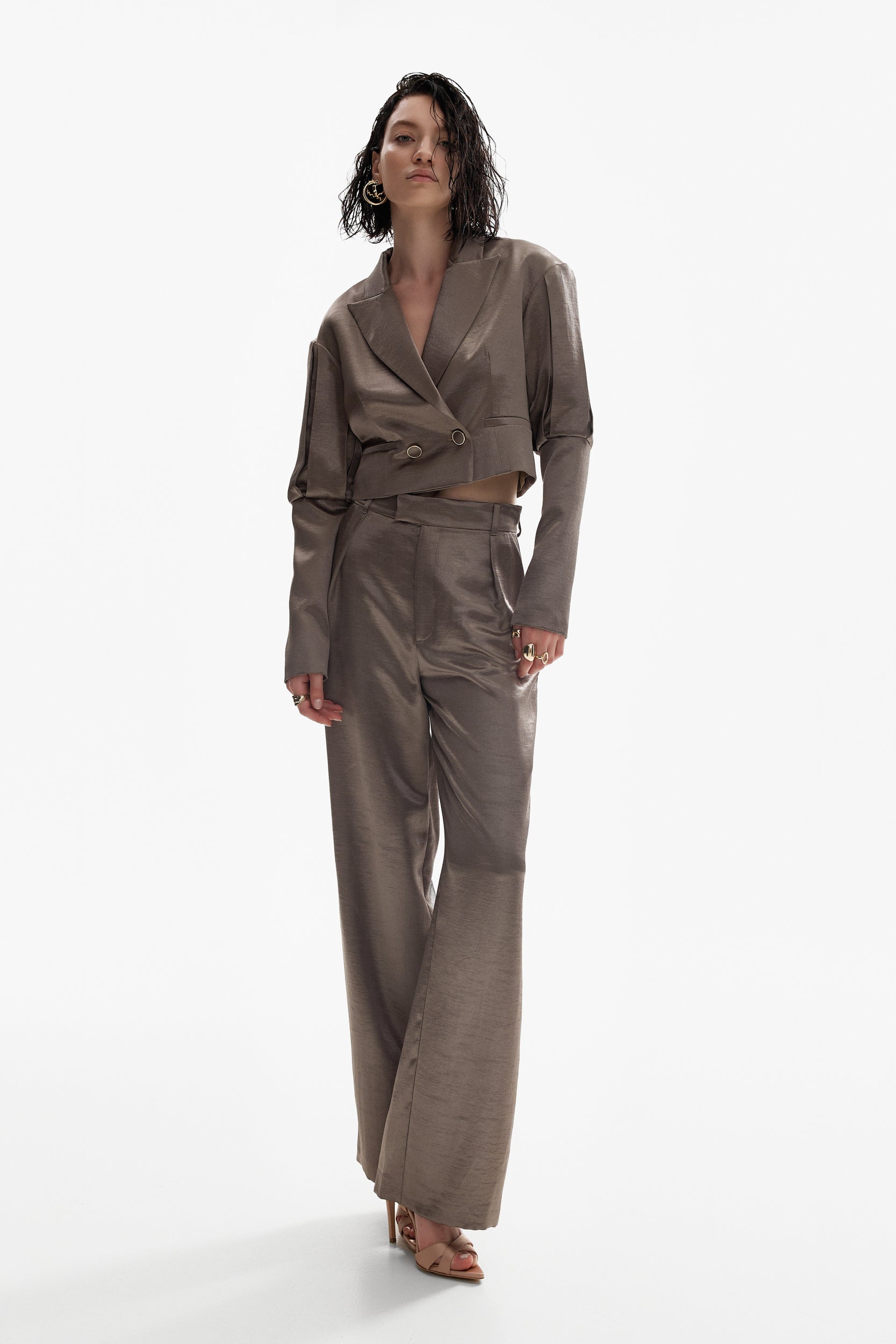 Wide-leg trousers in liquid silver