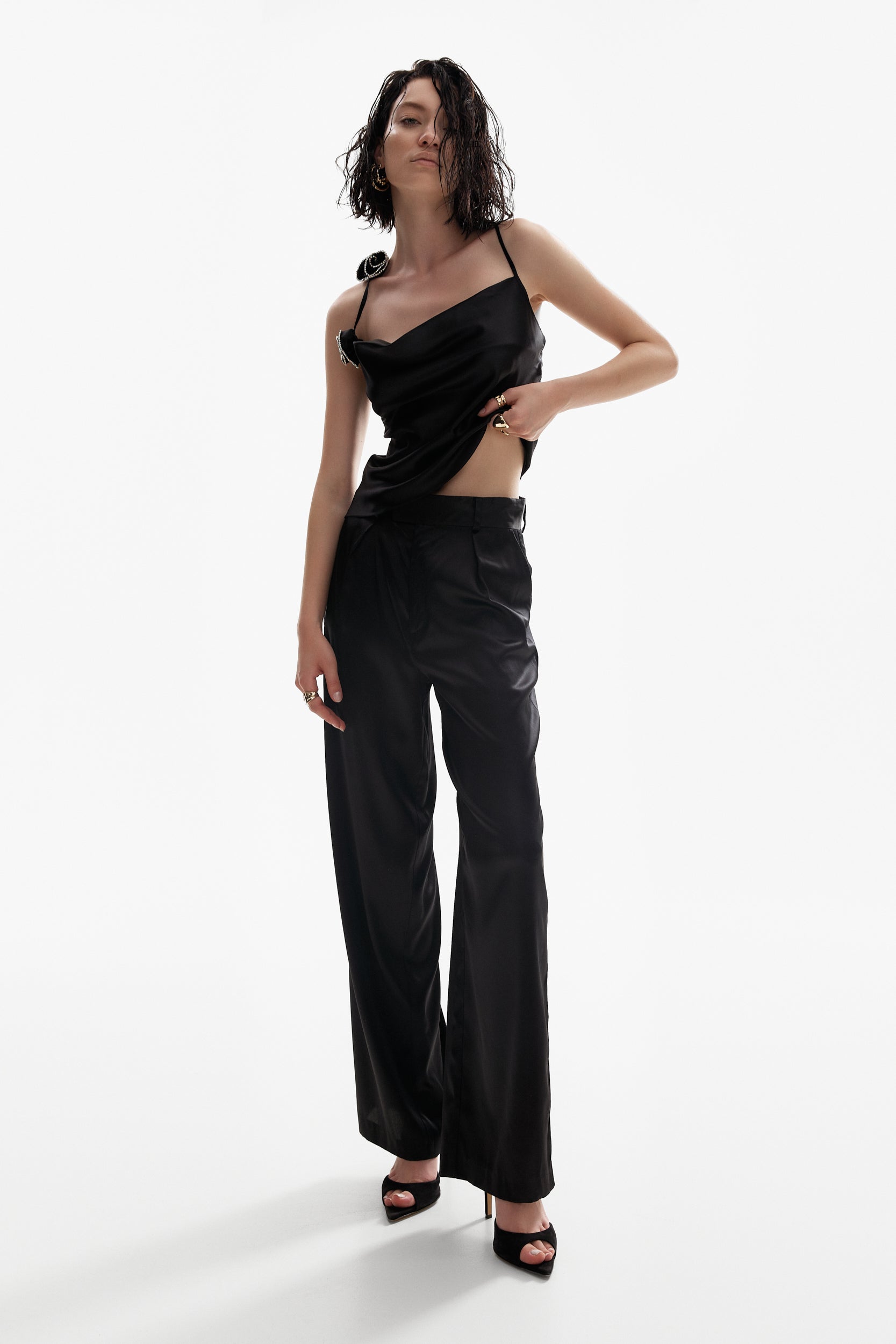 Rosette appliqués silk top in black