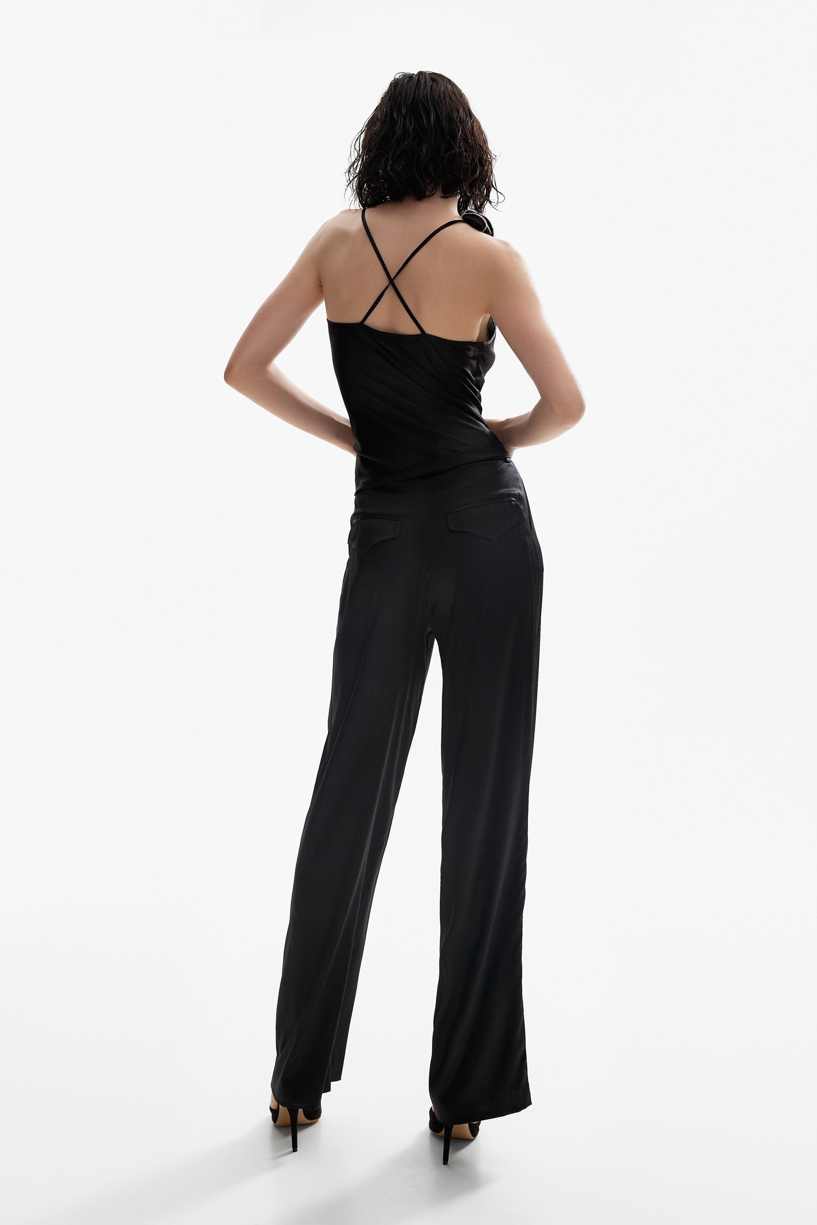 Rosette appliqués silk top in black