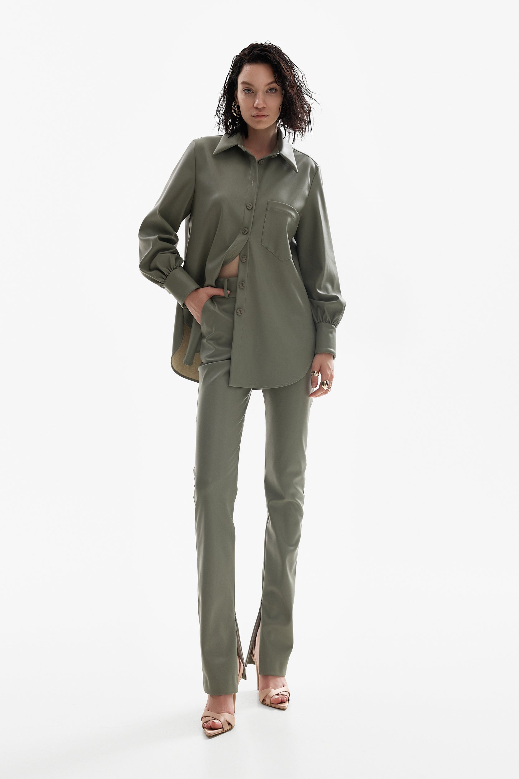 Vegan-leather trousers in olive green