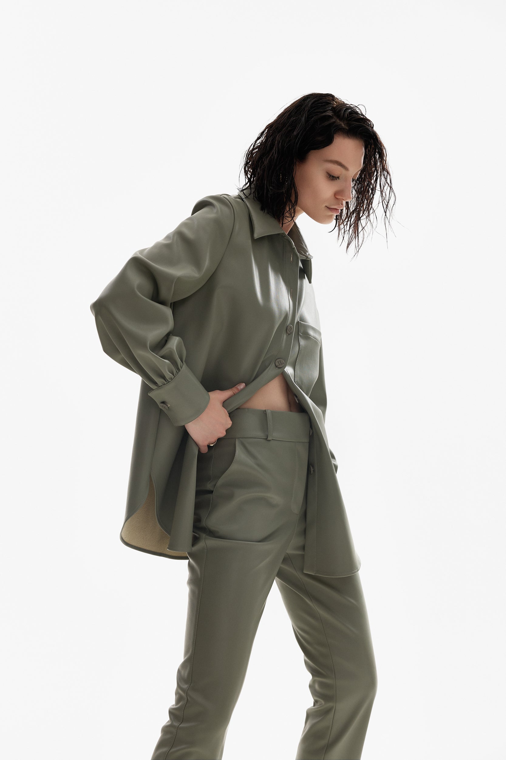 Vegan-leather trousers in olive green