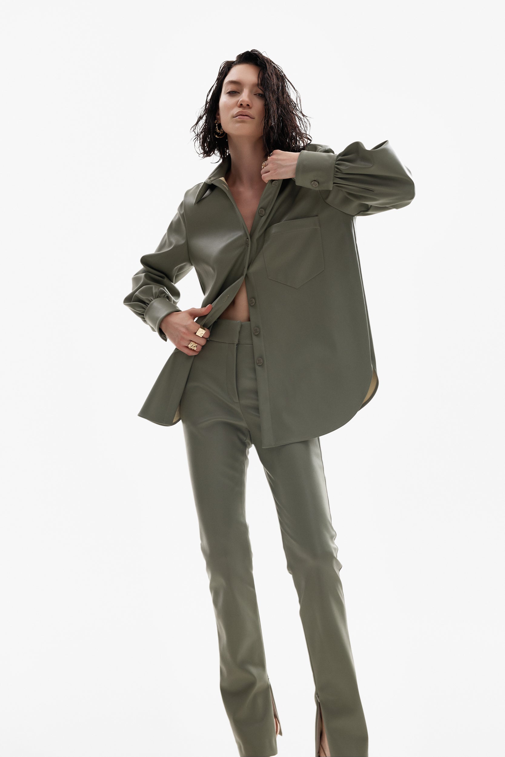 Vegan-leather trousers in olive green