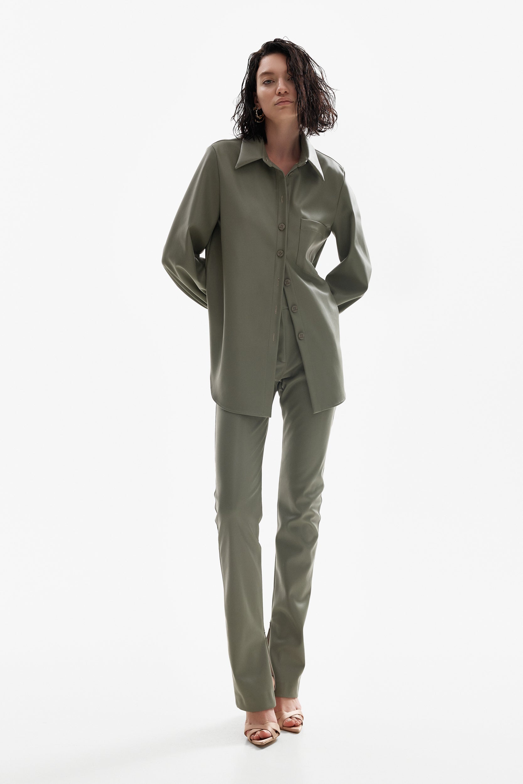 Vegan-leather trousers in olive green