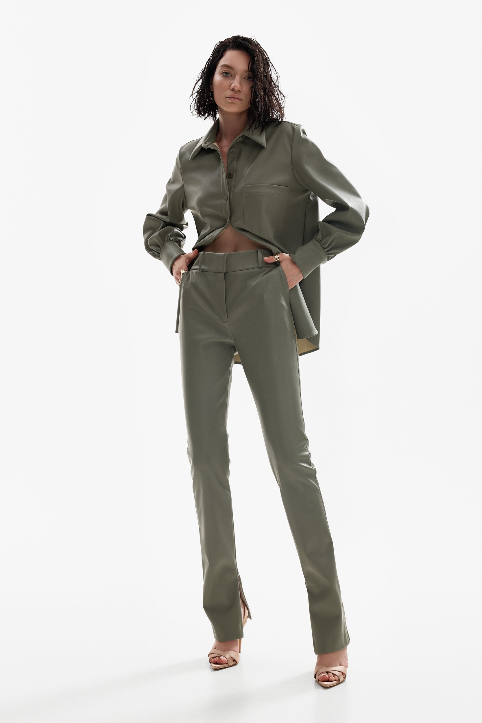 Vegan-leather trousers in olive green
