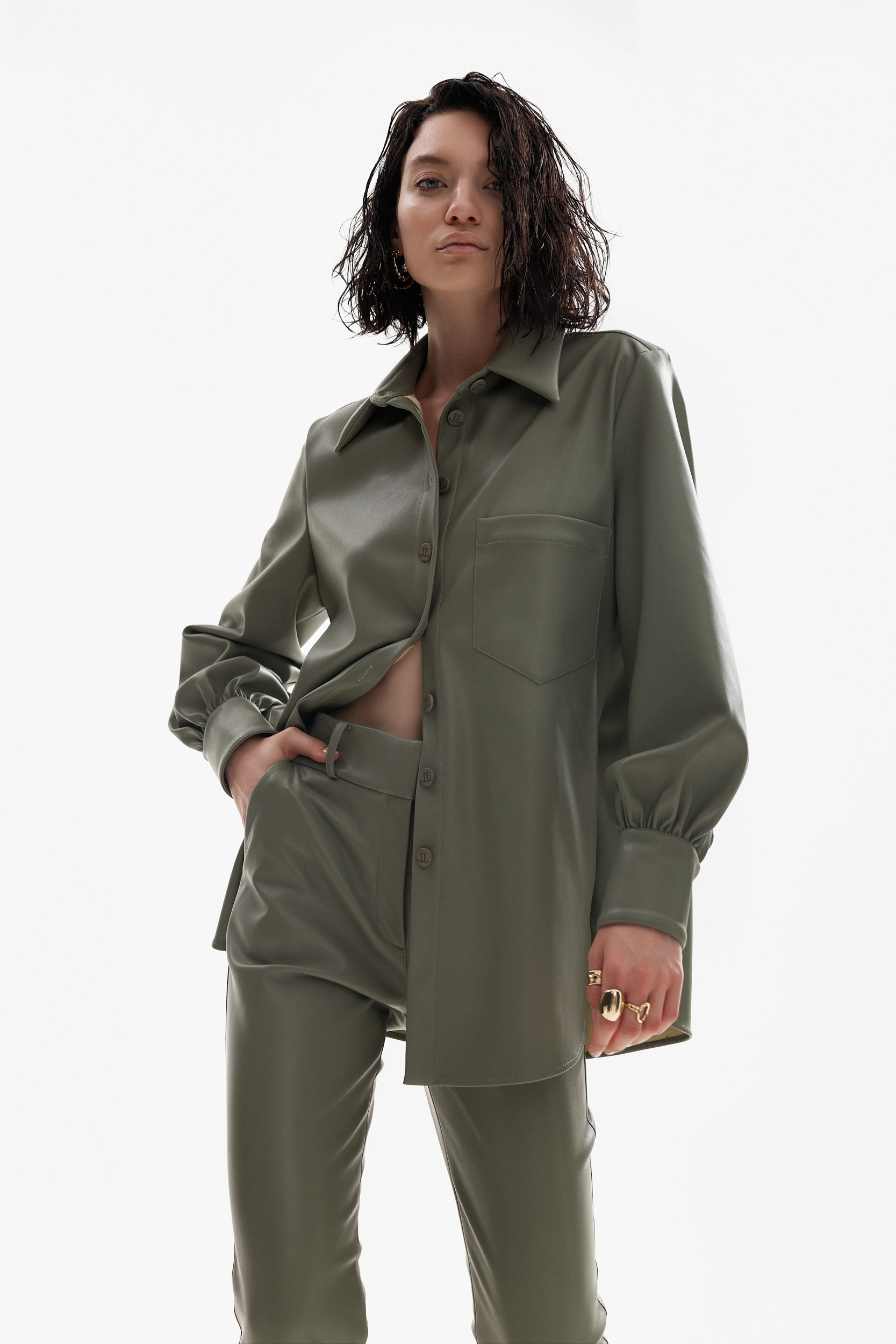 Vegan-leather trousers in olive green