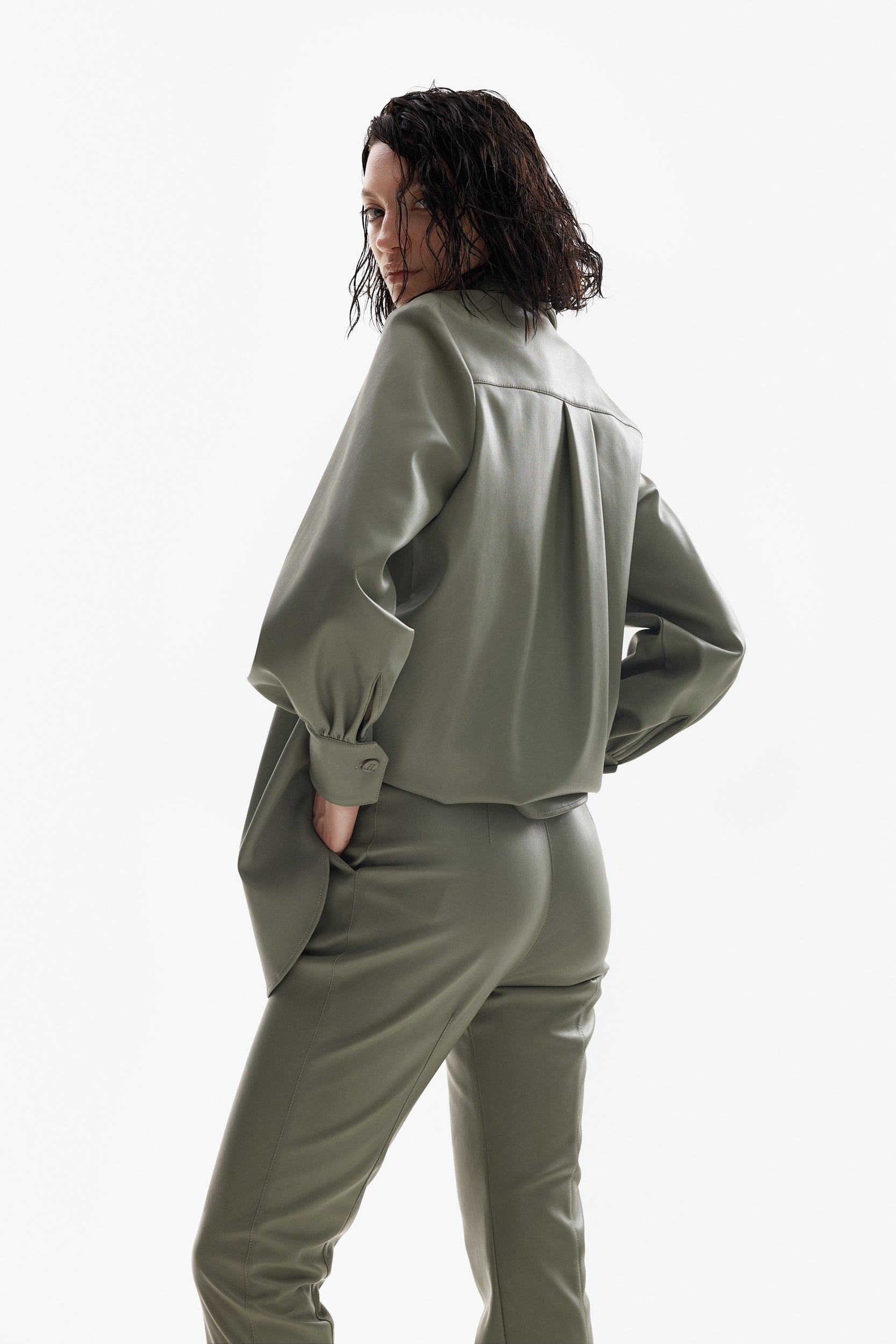 Vegan-leather trousers in olive green